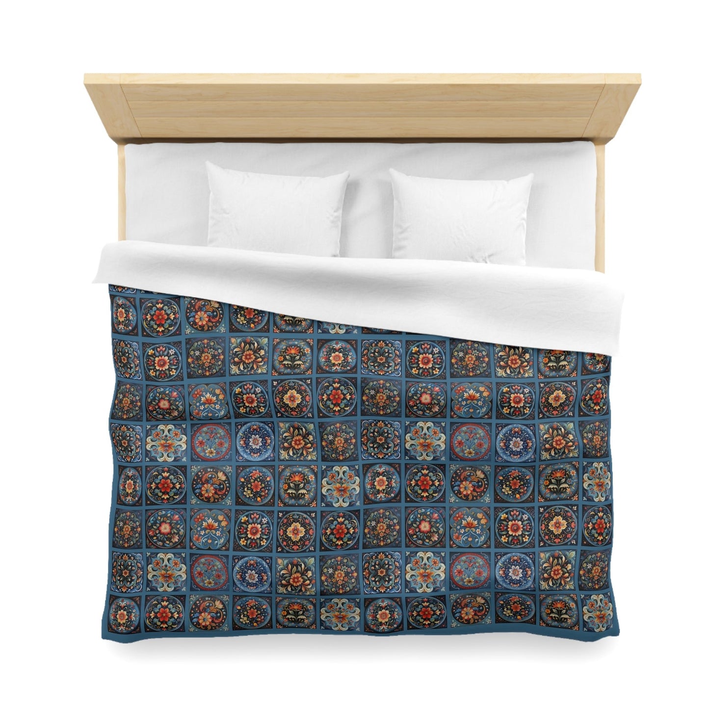 Scandi Style Duvet Bedspread - Rosemaling Deep Blue, Scandinavian Folk Art - FlooredByArt