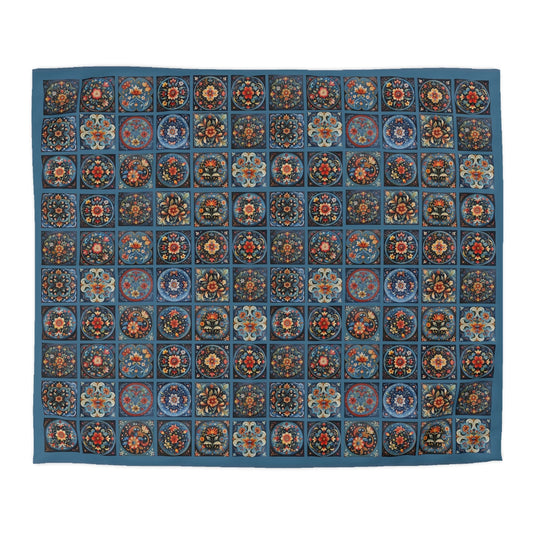 Scandi Style Duvet Bedspread - Rosemaling Deep Blue, Scandinavian Folk Art - FlooredByArt