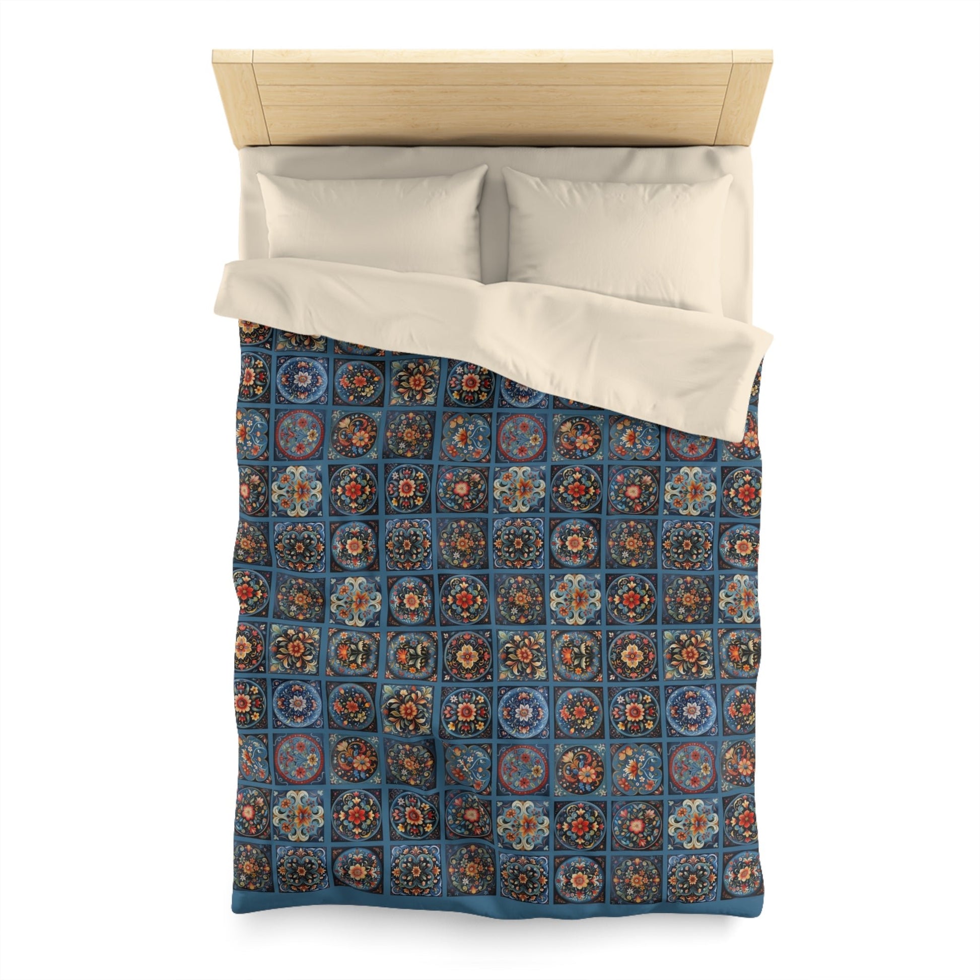 Scandi Style Duvet Bedspread - Rosemaling Deep Blue, Scandinavian Folk Art - FlooredByArt