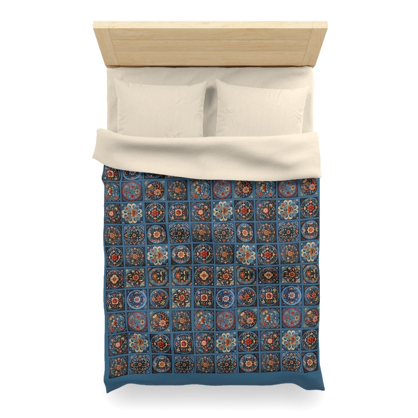 Scandi Style Duvet Bedspread - Rosemaling Deep Blue, Scandinavian Folk Art - FlooredByArt