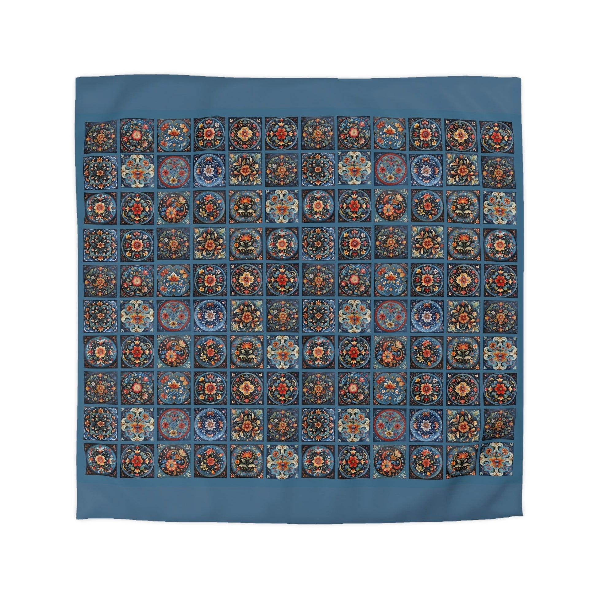 Scandi Style Duvet Bedspread - Rosemaling Deep Blue, Scandinavian Folk Art - FlooredByArt