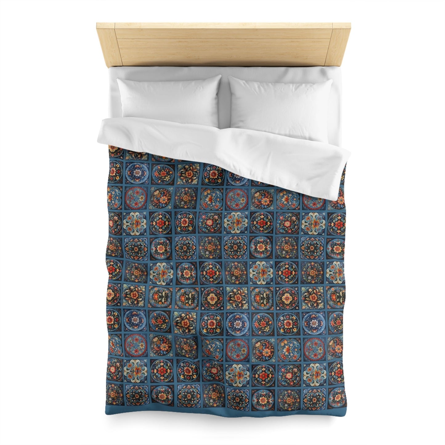 Scandi Style Duvet Bedspread - Rosemaling Deep Blue, Scandinavian Folk Art - FlooredByArt