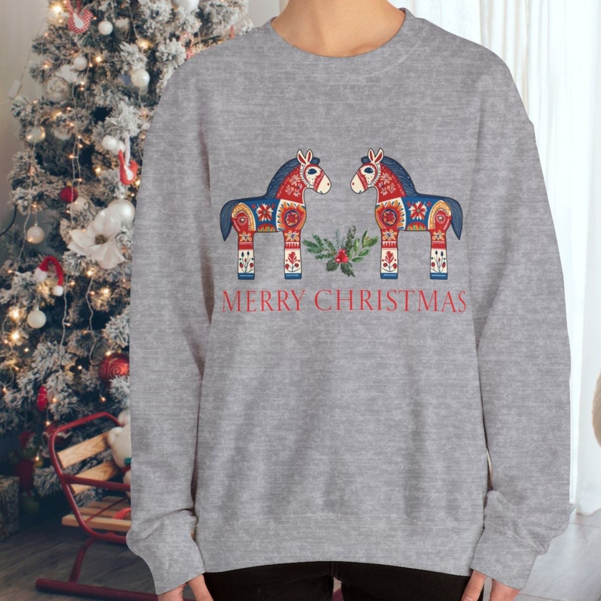 Scandinavian Dala Horse Sweatshirt, Scandi Christmas Sweater, Cute & Unique Dala Horse Shirt, Scandi Merry Christmas, Hygge Sweatshirt - 5XL - FlooredByArt