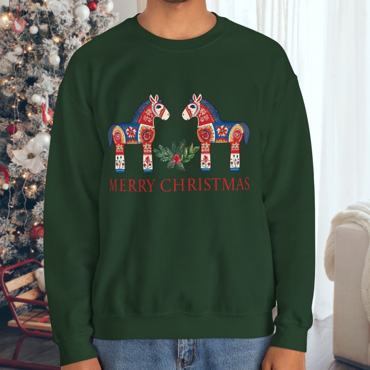 Scandinavian Dala Horse Sweatshirt, Scandi Christmas Sweater, Cute & Unique Dala Horse Shirt, Scandi Merry Christmas, Hygge Sweatshirt - 5XL - FlooredByArt