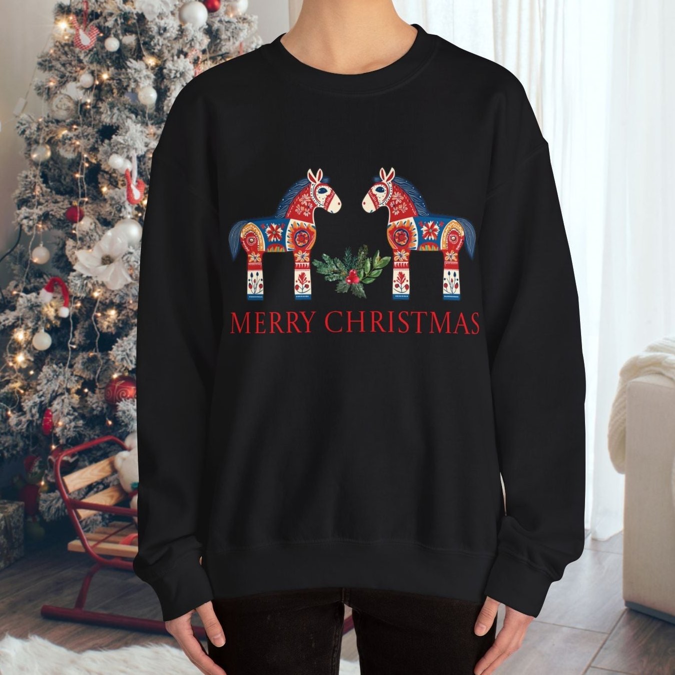 Scandinavian Dala Horse Sweatshirt, Scandi Christmas Sweater, Cute & Unique Dala Horse Shirt, Scandi Merry Christmas, Hygge Sweatshirt - 5XL - FlooredByArt