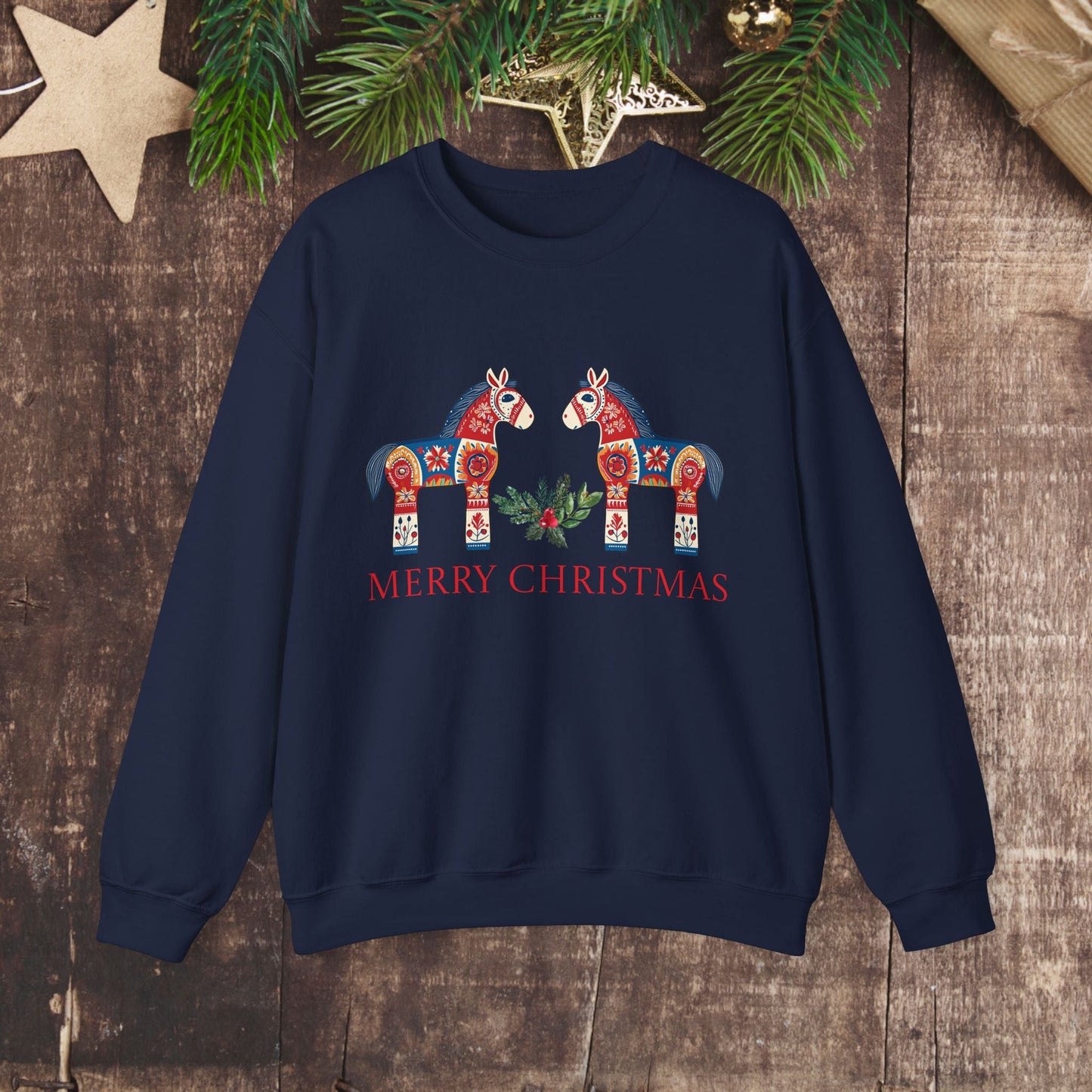 Scandinavian Dala Horse Sweatshirt, Scandi Christmas Sweater, Cute & Unique Dala Horse Shirt, Scandi Merry Christmas, Hygge Sweatshirt - 5XL - FlooredByArt