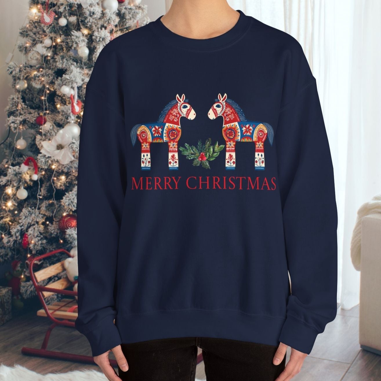 Scandinavian Dala Horse Sweatshirt, Scandi Christmas Sweater, Cute & Unique Dala Horse Shirt, Scandi Merry Christmas, Hygge Sweatshirt - 5XL - FlooredByArt