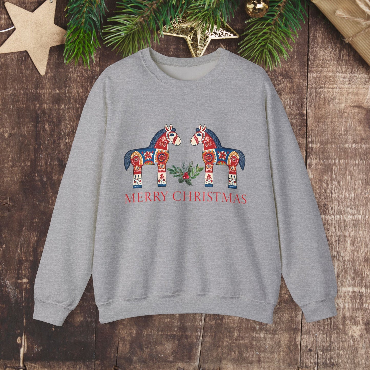 Scandinavian Dala Horse Sweatshirt, Scandi Christmas Sweater, Cute & Unique Dala Horse Shirt, Scandi Merry Christmas, Hygge Sweatshirt - 5XL - FlooredByArt