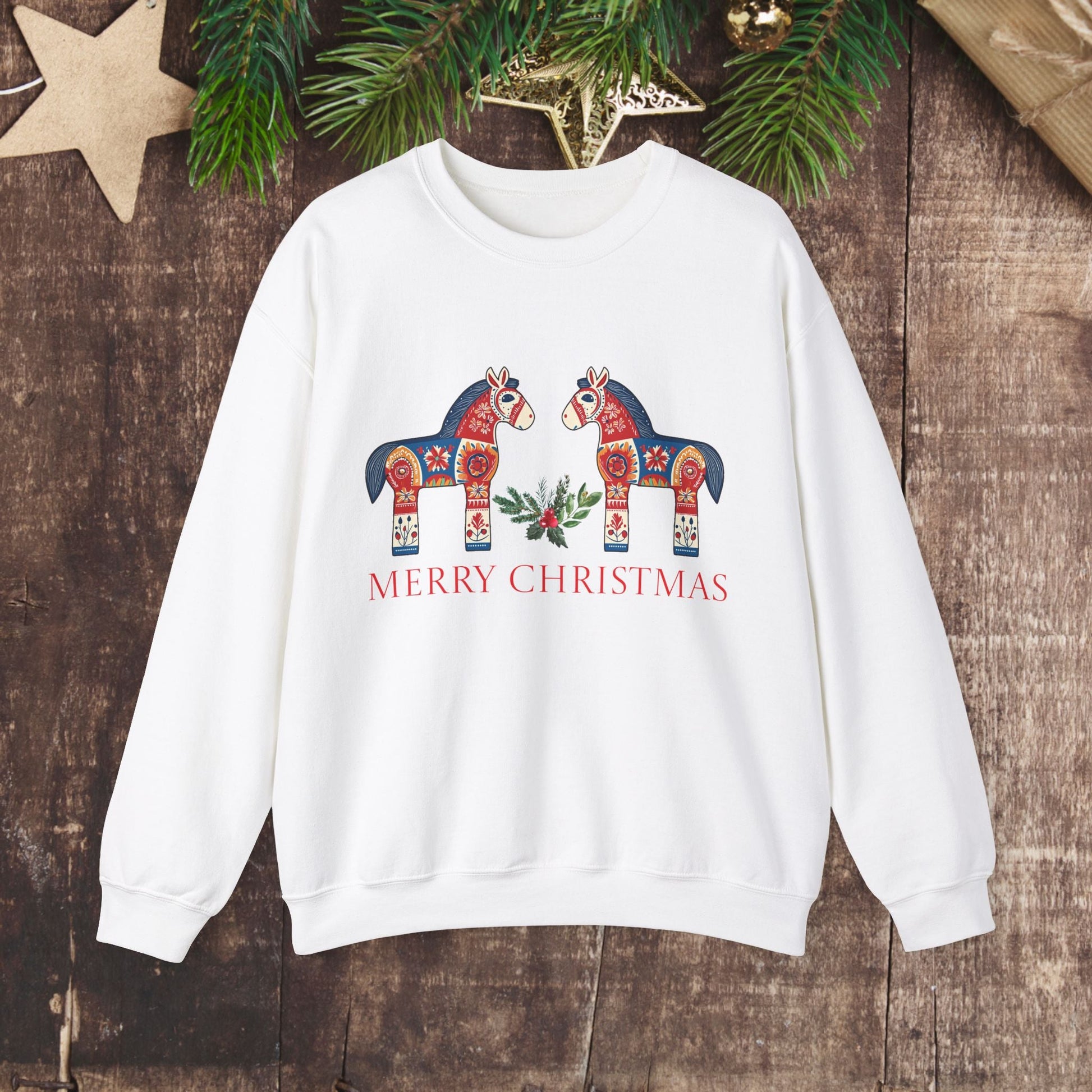 Scandinavian Dala Horse Sweatshirt, Scandi Christmas Sweater, Cute & Unique Dala Horse Shirt, Scandi Merry Christmas, Hygge Sweatshirt - 5XL - FlooredByArt