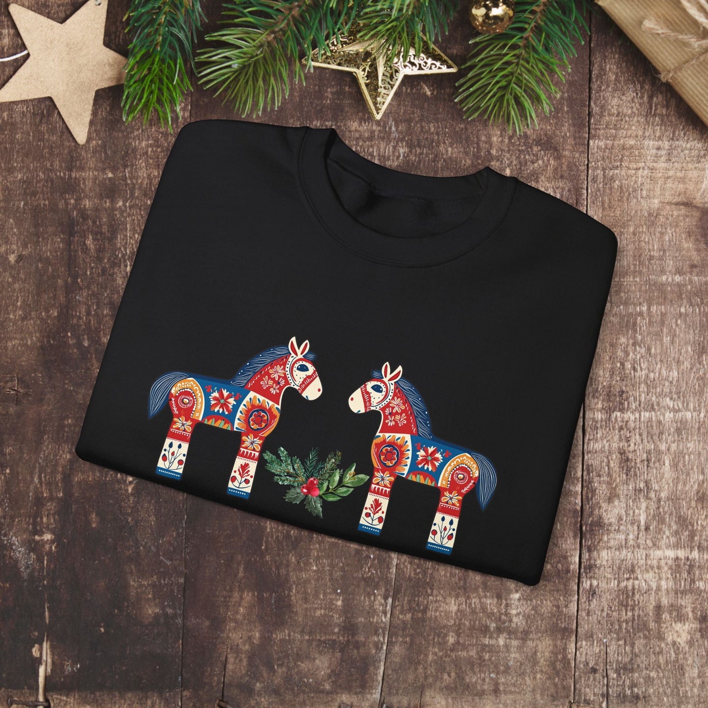 Scandinavian Dala Horse Sweatshirt, Scandi Christmas Sweater, Cute & Unique Dala Horse Shirt, Scandi Merry Christmas, Hygge Sweatshirt - 5XL - FlooredByArt