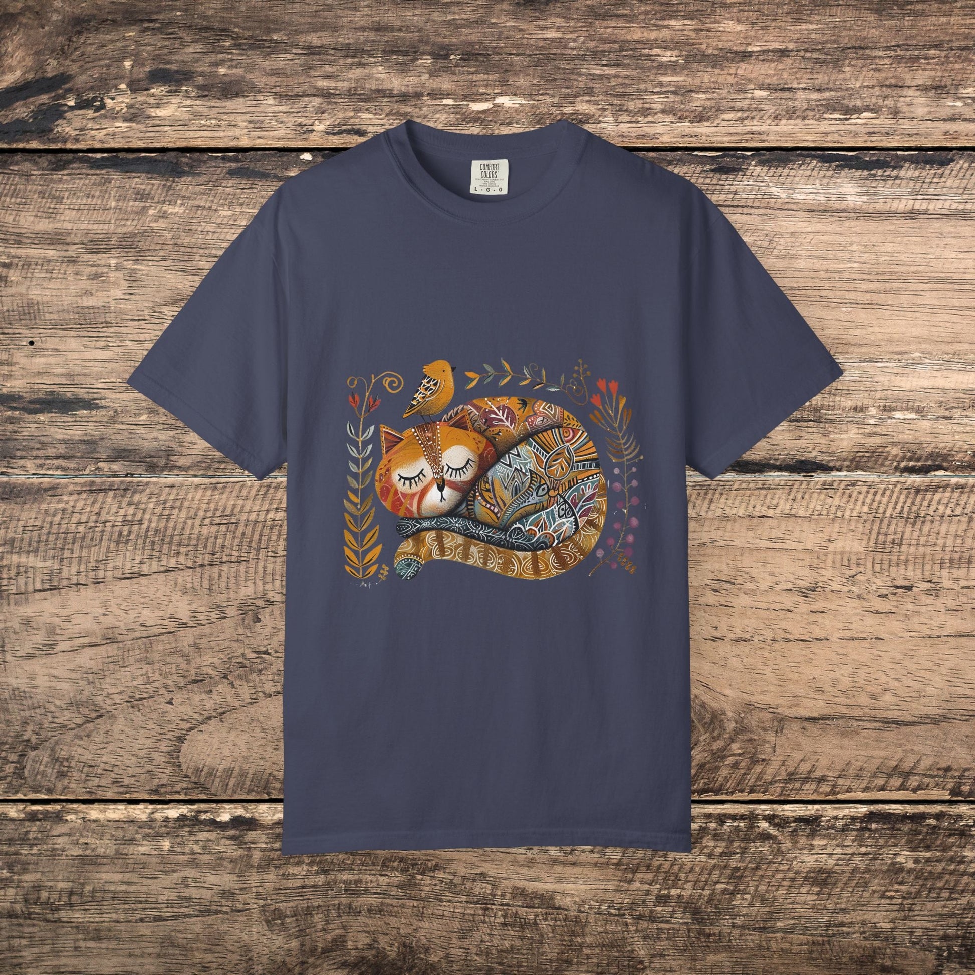 Scandinavian Folk Art Cat & Bird T-Shirt - Comfort Colors Tee, Soft Comfy Shirt for Cat Lover - FlooredByArt