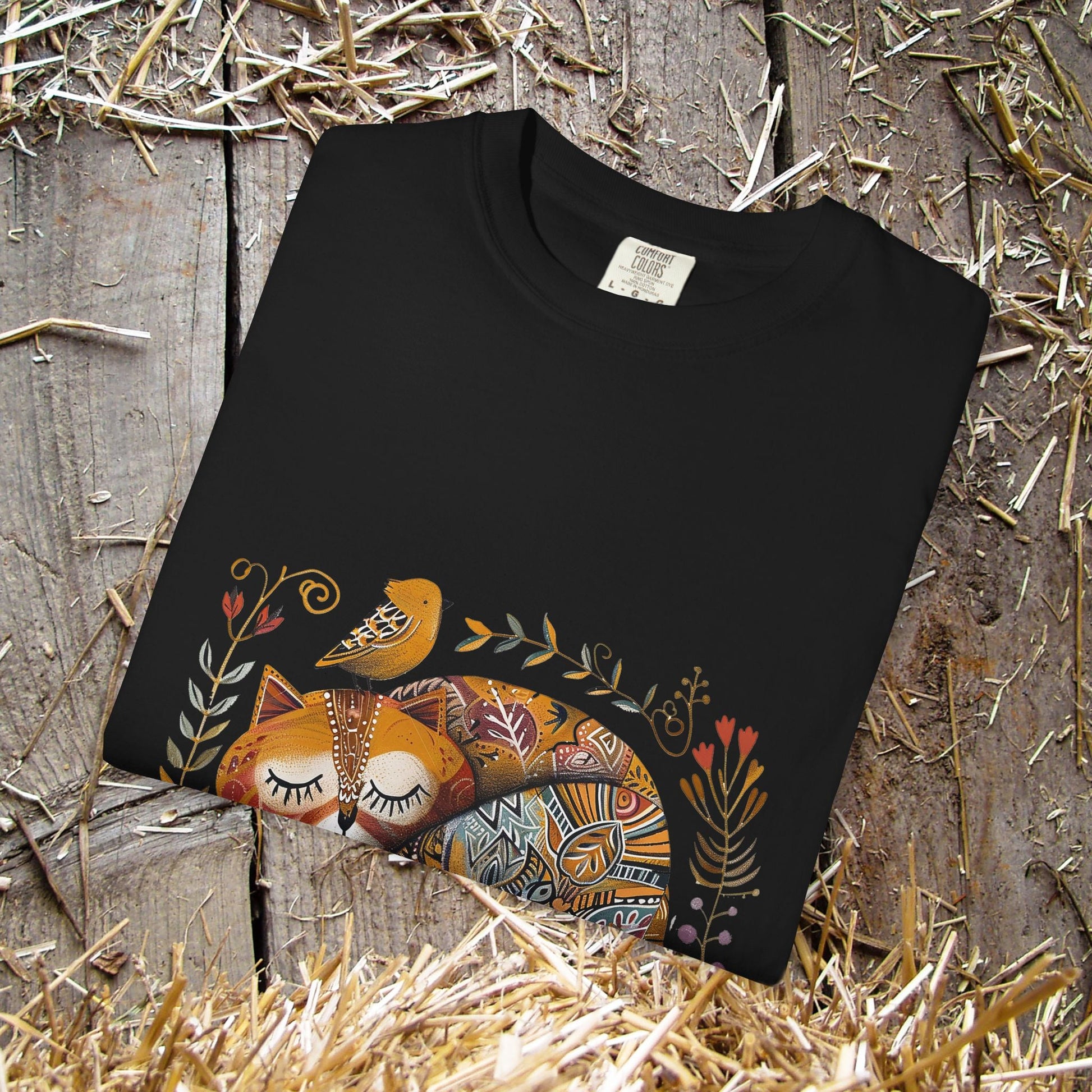 Scandinavian Folk Art Cat & Bird T-Shirt - Comfort Colors Tee, Soft Comfy Shirt for Cat Lover - FlooredByArt