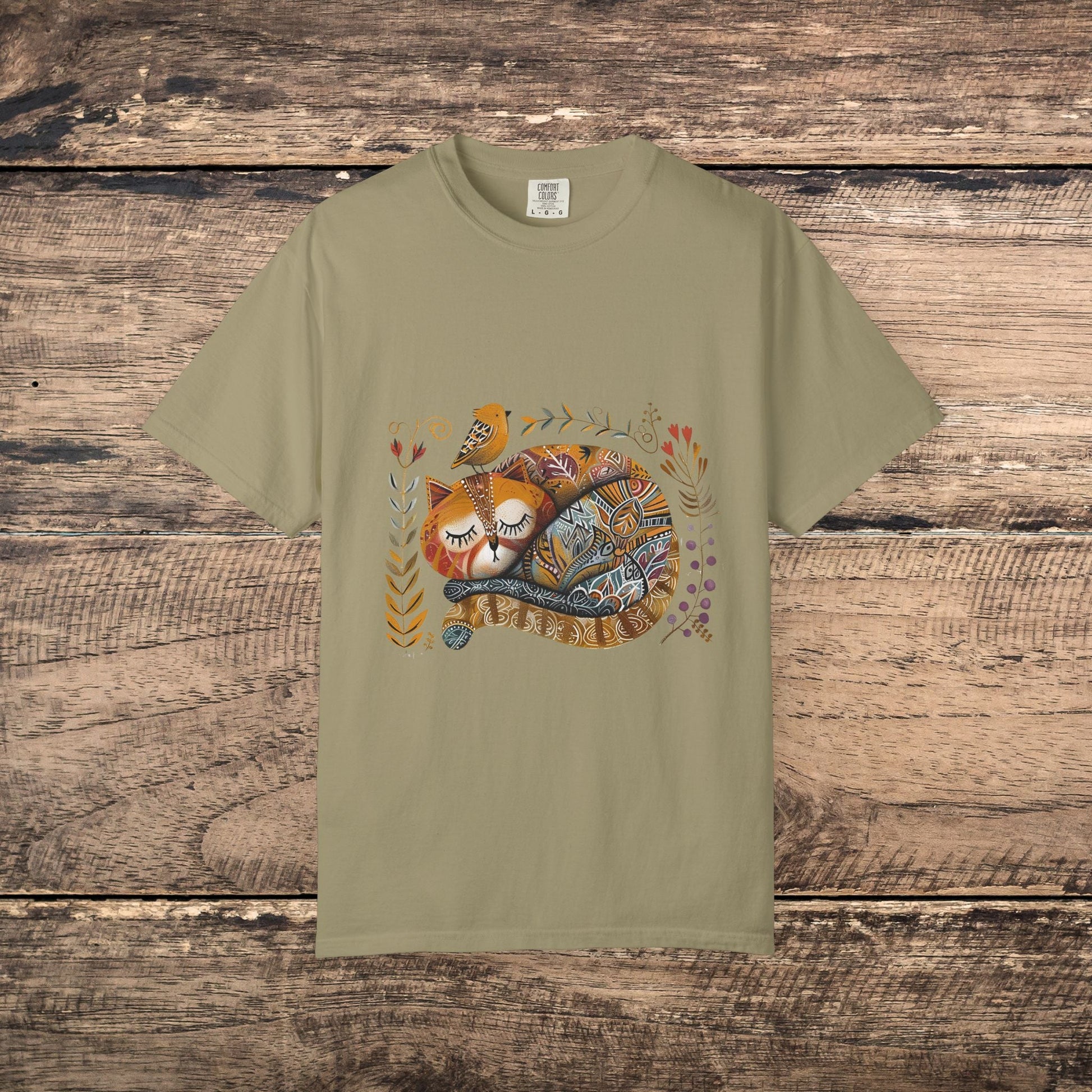 Scandinavian Folk Art Cat & Bird T-Shirt - Comfort Colors Tee, Soft Comfy Shirt for Cat Lover - FlooredByArt