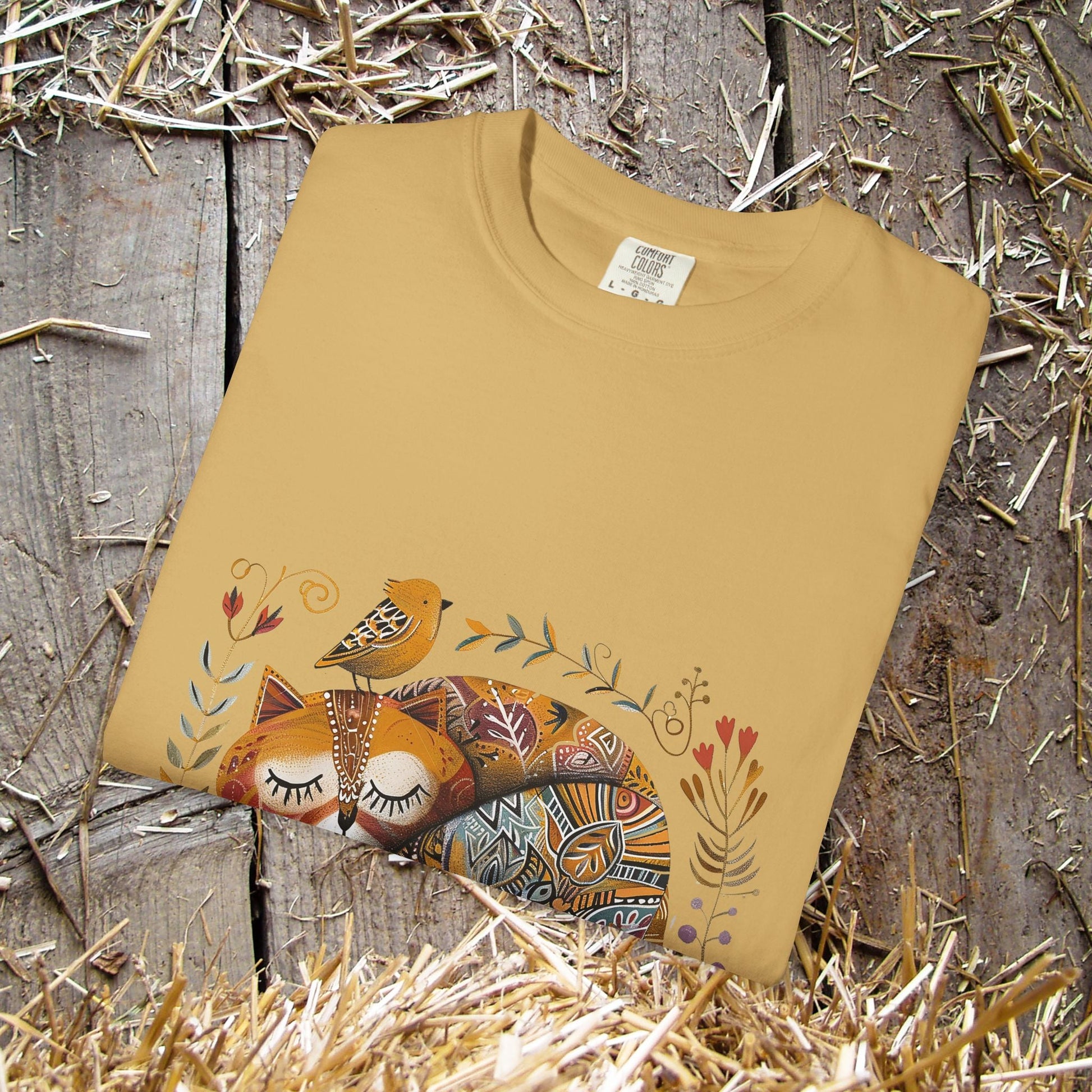 Scandinavian Folk Art Cat & Bird T-Shirt - Comfort Colors Tee, Soft Comfy Shirt for Cat Lover - FlooredByArt