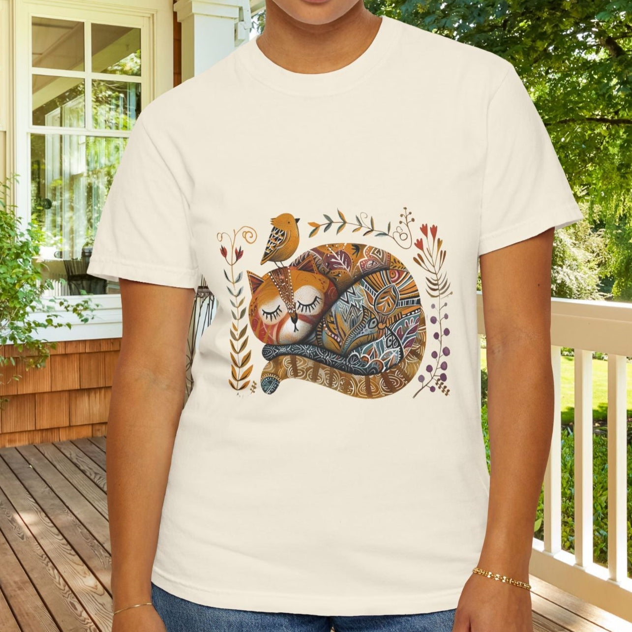 Scandinavian Folk Art Cat & Bird T-Shirt - Comfort Colors Tee, Soft Comfy Shirt for Cat Lover - FlooredByArt