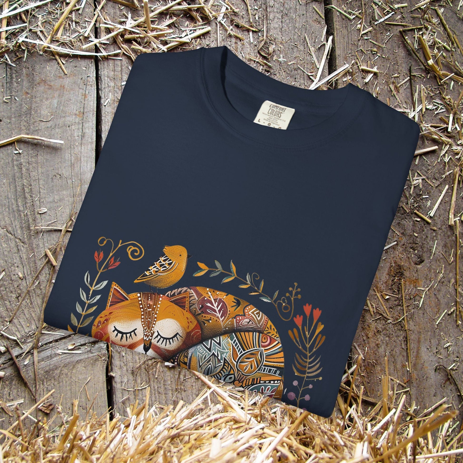 Scandinavian Folk Art Cat & Bird T-Shirt - Comfort Colors Tee, Soft Comfy Shirt for Cat Lover - FlooredByArt