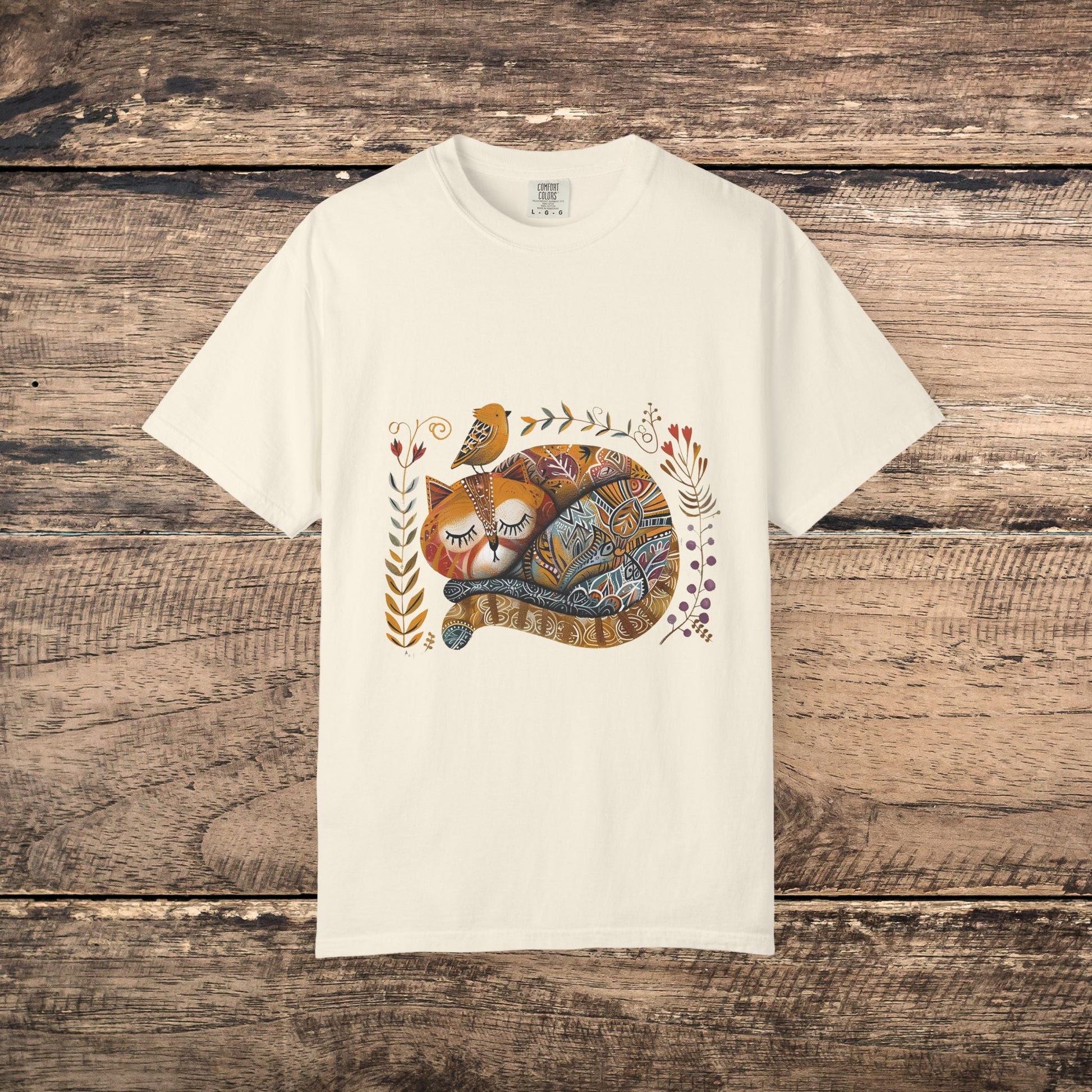 Scandinavian Folk Art Cat & Bird T-Shirt - Comfort Colors Tee, Soft Comfy Shirt for Cat Lover - FlooredByArt