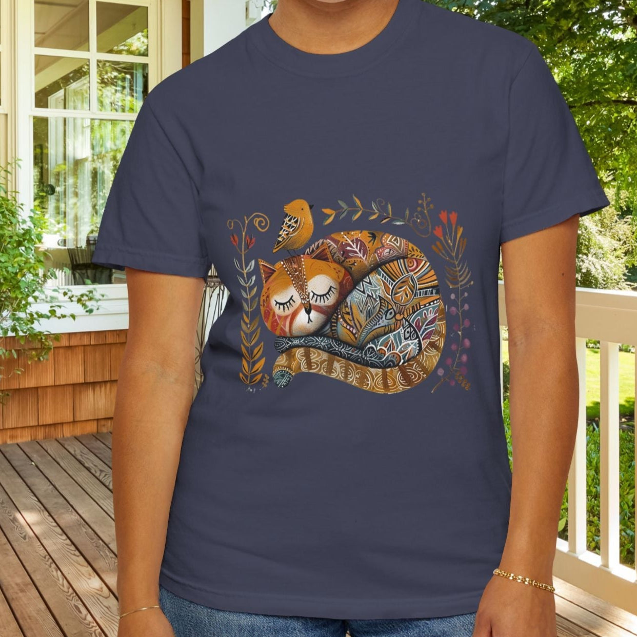 Scandinavian Folk Art Cat & Bird T-Shirt - Comfort Colors Tee, Soft Comfy Shirt for Cat Lover - FlooredByArt