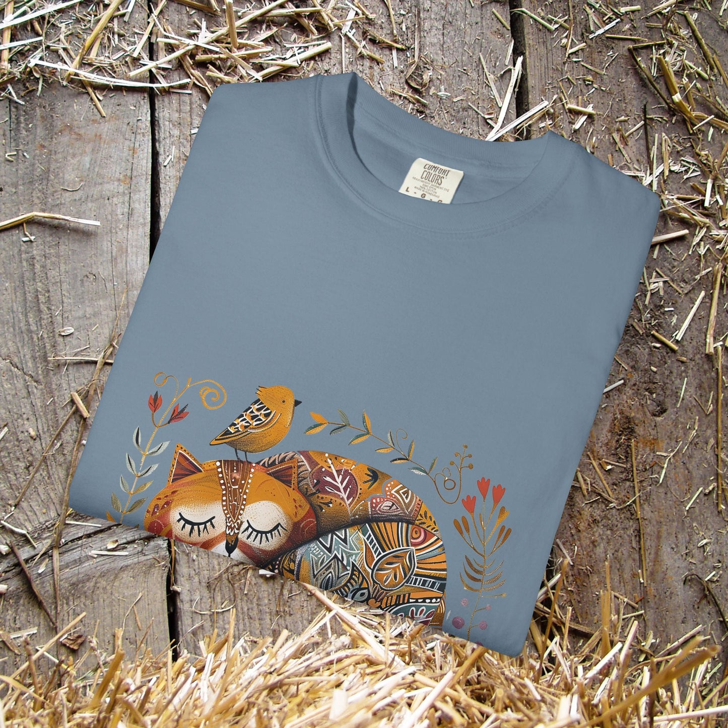 Scandinavian Folk Art Cat & Bird T-Shirt - Comfort Colors Tee, Soft Comfy Shirt for Cat Lover - FlooredByArt