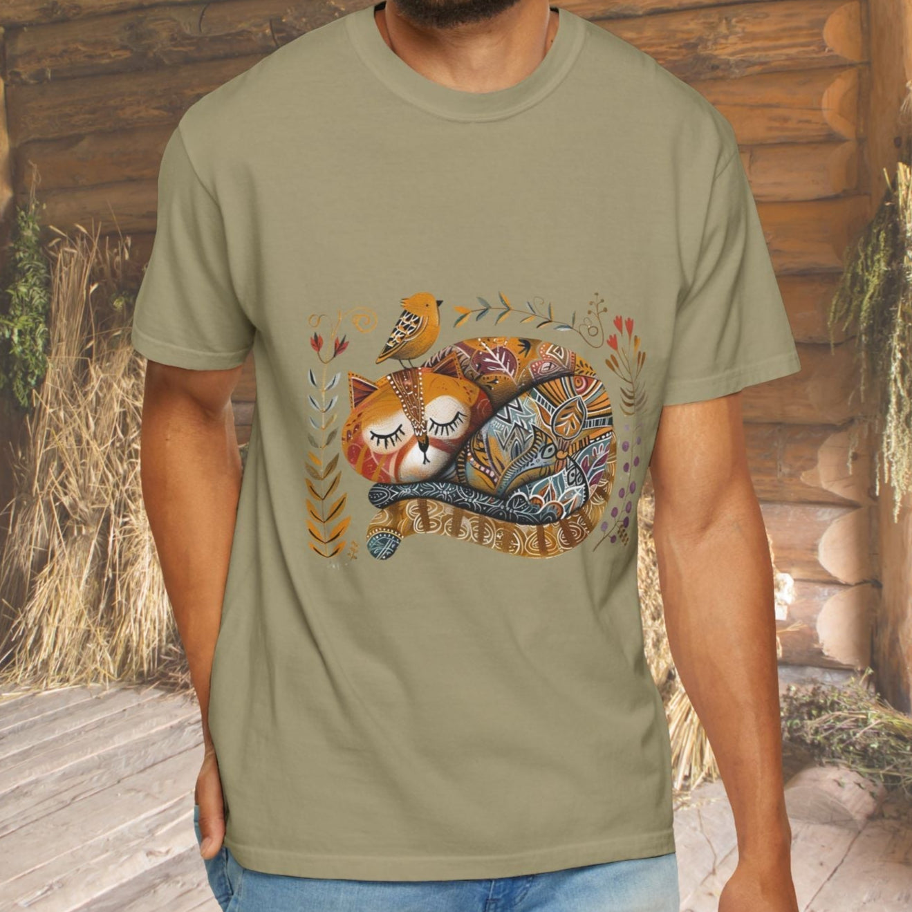 Scandinavian Folk Art Cat & Bird T-Shirt - Comfort Colors Tee, Soft Comfy Shirt for Cat Lover - FlooredByArt