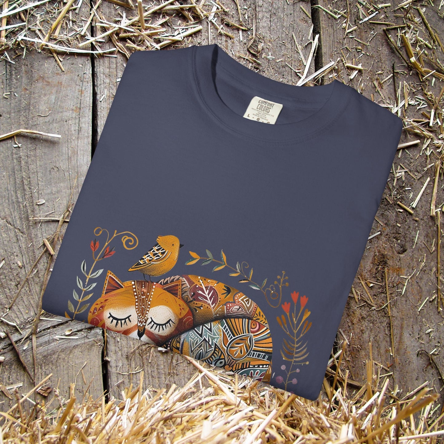 Scandinavian Folk Art Cat & Bird T-Shirt - Comfort Colors Tee, Soft Comfy Shirt for Cat Lover - FlooredByArt
