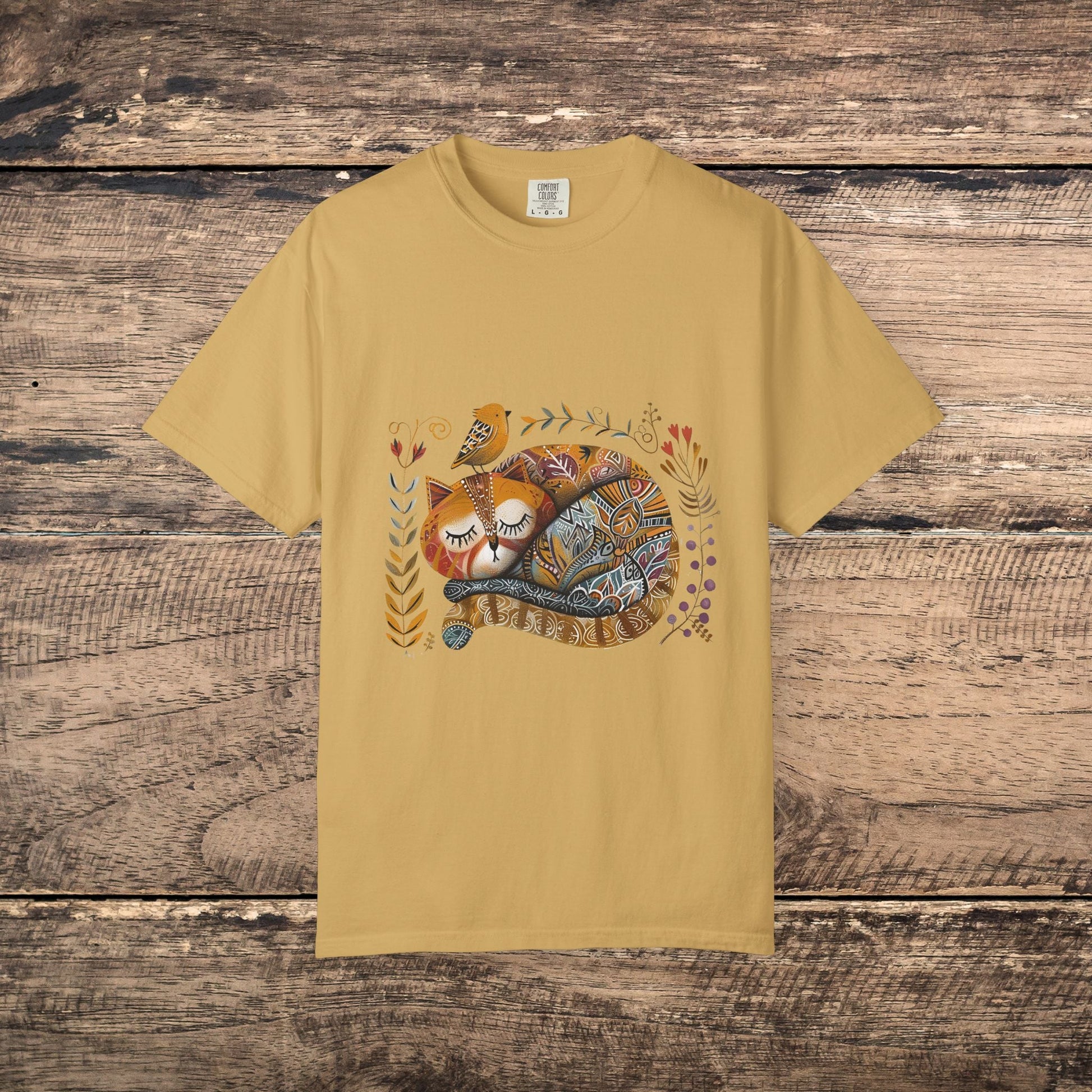 Scandinavian Folk Art Cat & Bird T-Shirt - Comfort Colors Tee, Soft Comfy Shirt for Cat Lover - FlooredByArt