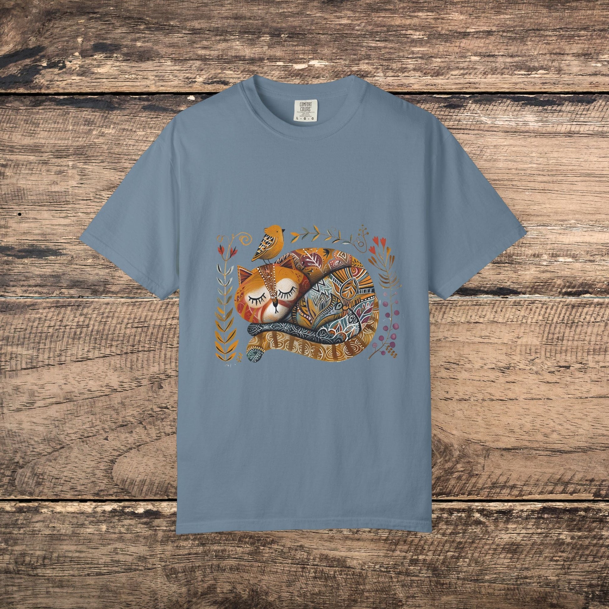 Scandinavian Folk Art Cat & Bird T-Shirt - Comfort Colors Tee, Soft Comfy Shirt for Cat Lover - FlooredByArt