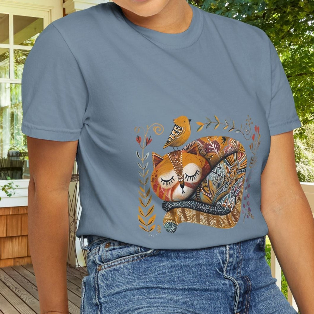 Scandinavian Folk Art Cat & Bird T-Shirt - Comfort Colors Tee, Soft Comfy Shirt for Cat Lover - FlooredByArt