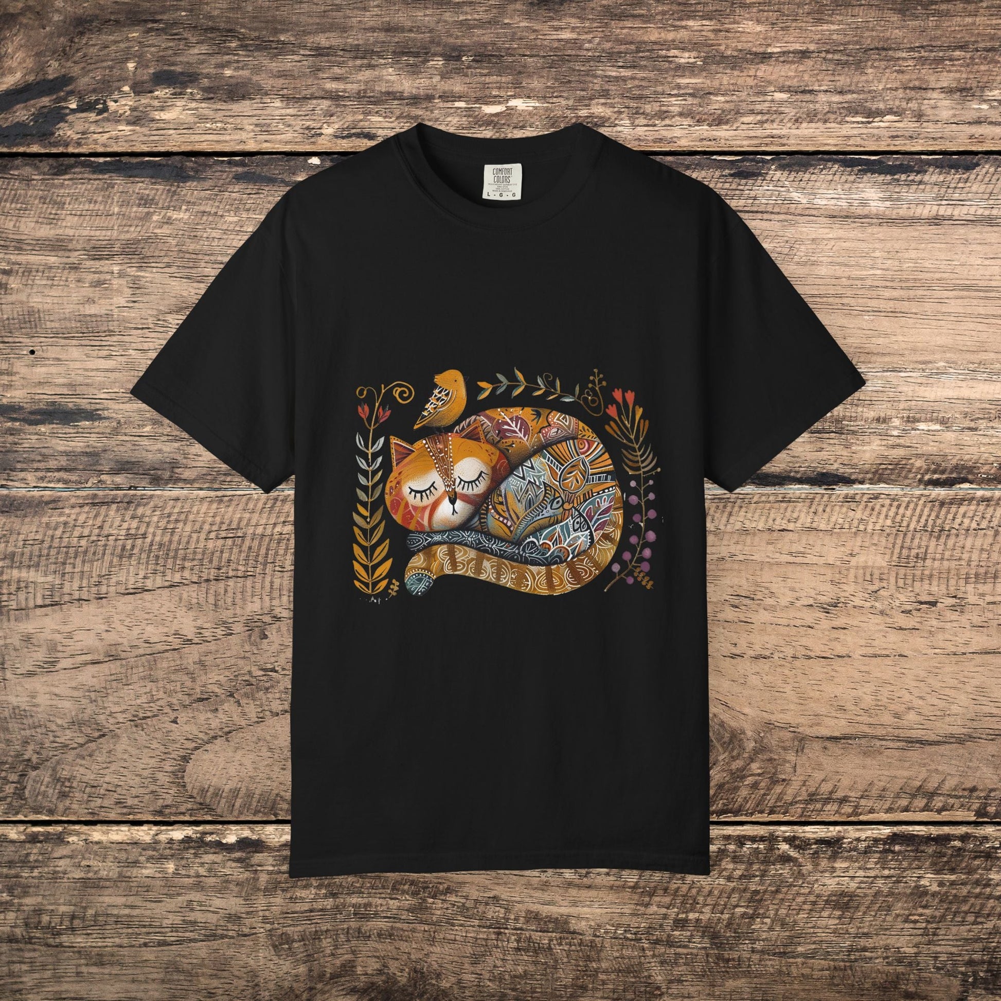 Scandinavian Folk Art Cat & Bird T-Shirt - Comfort Colors Tee, Soft Comfy Shirt for Cat Lover - FlooredByArt