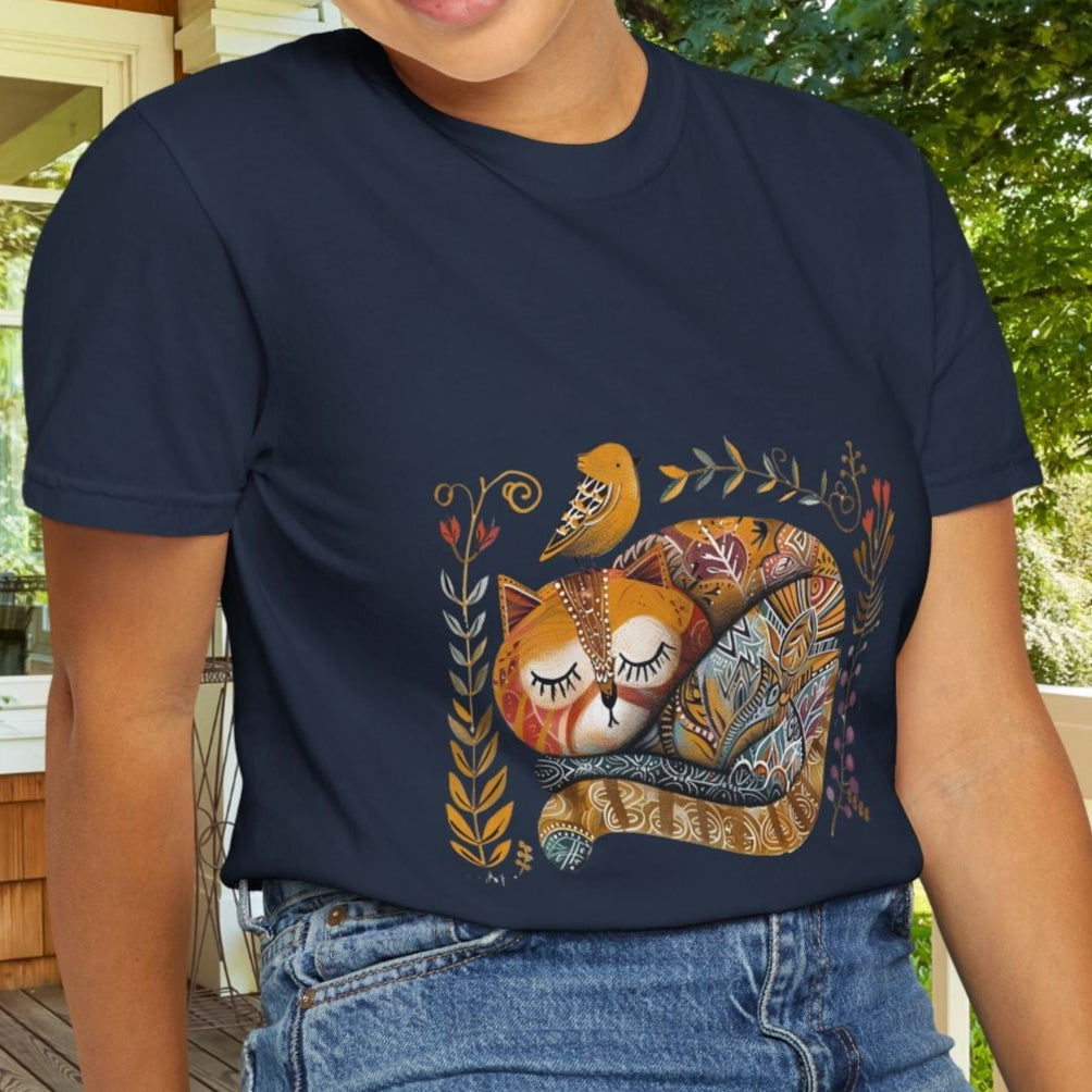 Scandinavian Folk Art Cat & Bird T-Shirt - Comfort Colors Tee, Soft Comfy Shirt for Cat Lover - FlooredByArt