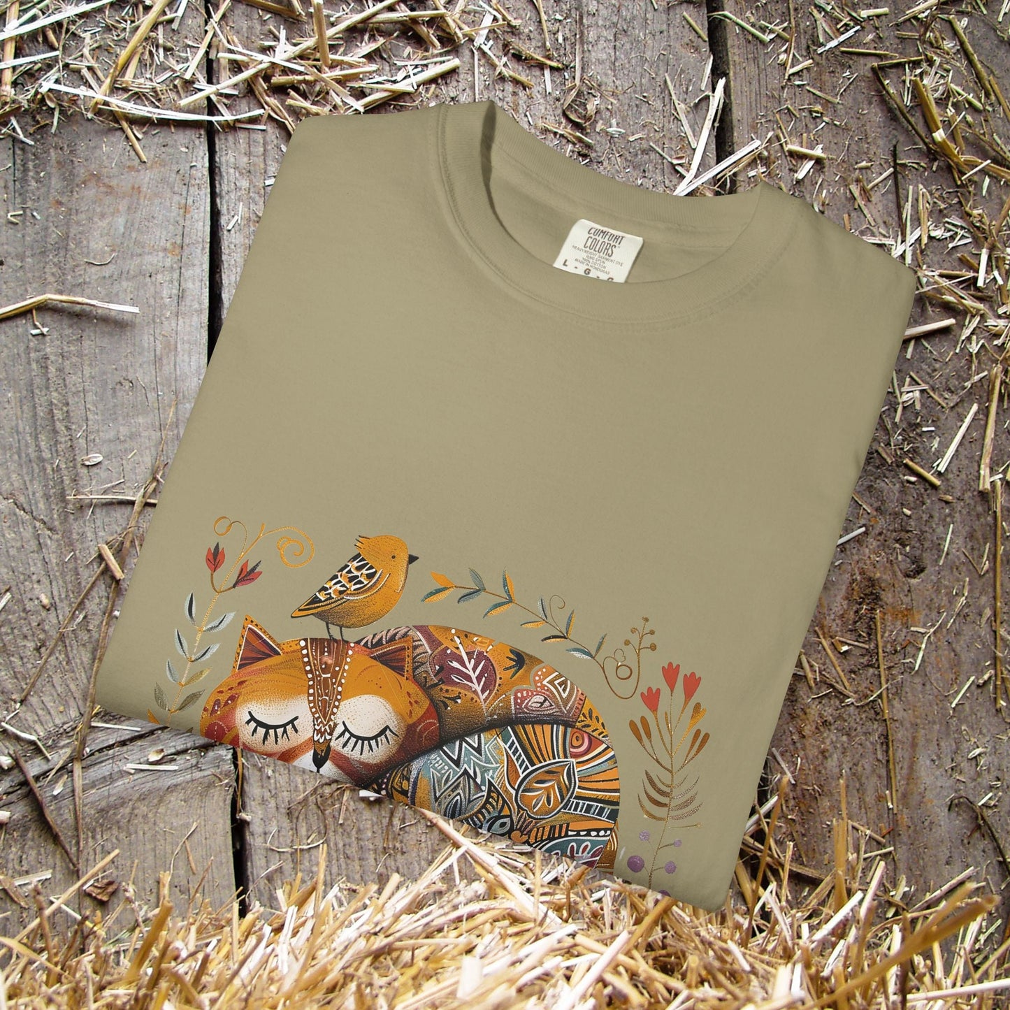 Scandinavian Folk Art Cat & Bird T-Shirt - Comfort Colors Tee, Soft Comfy Shirt for Cat Lover - FlooredByArt