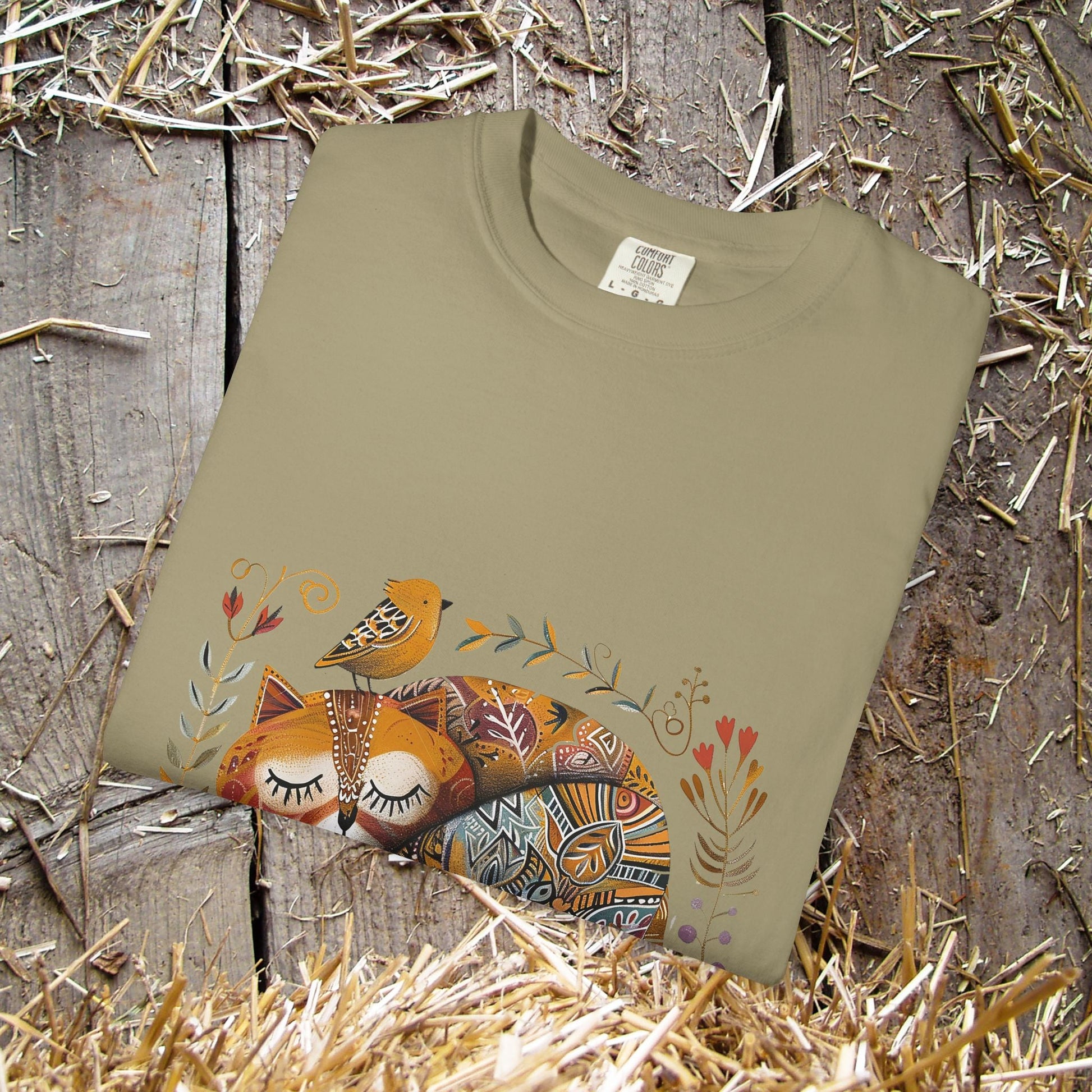 Scandinavian Folk Art Cat & Bird T-Shirt - Comfort Colors Tee, Soft Comfy Shirt for Cat Lover - FlooredByArt
