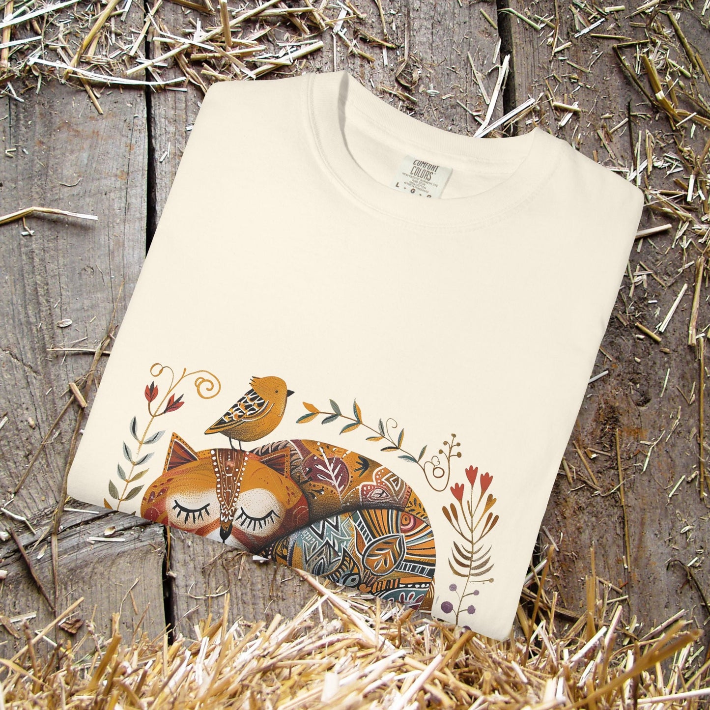 Scandinavian Folk Art Cat & Bird T-Shirt - Comfort Colors Tee, Soft Comfy Shirt for Cat Lover - FlooredByArt