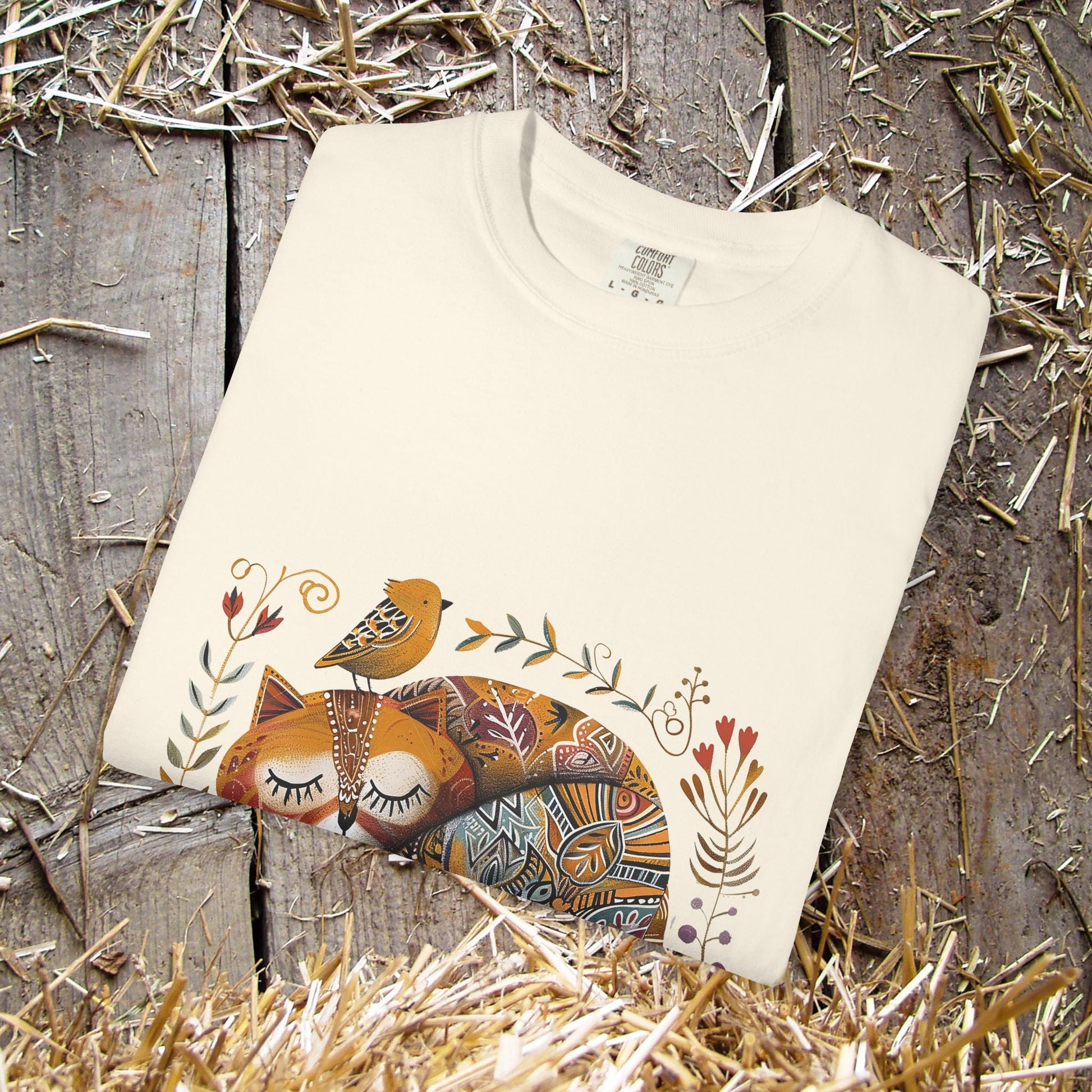 Scandinavian Folk Art Cat & Bird T-Shirt - Comfort Colors Tee, Soft Comfy Shirt for Cat Lover - FlooredByArt