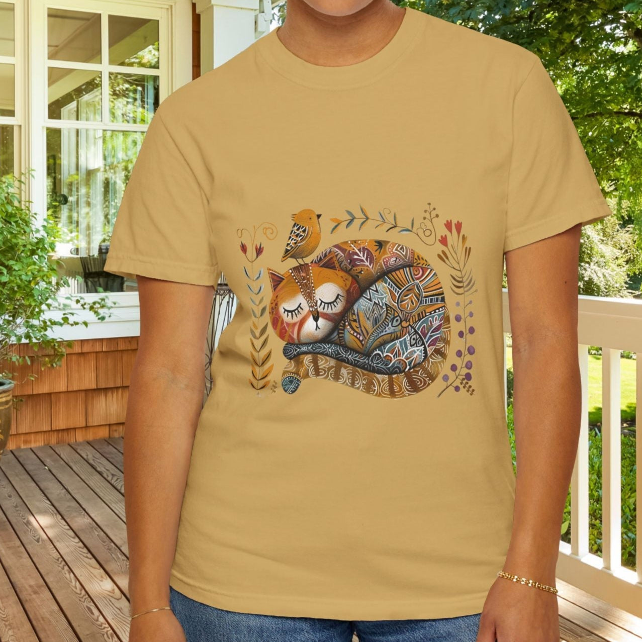 Scandinavian Folk Art Cat & Bird T-Shirt - Comfort Colors Tee, Soft Comfy Shirt for Cat Lover - FlooredByArt