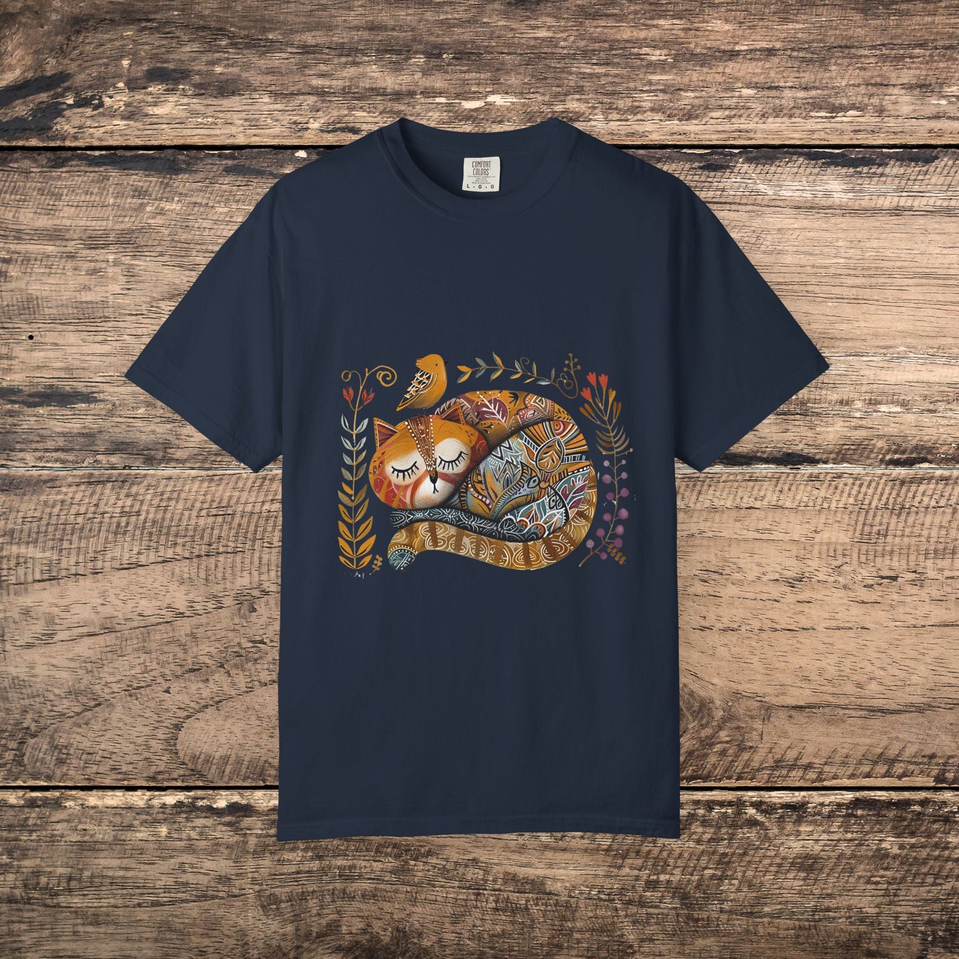 Scandinavian Folk Art Cat & Bird T-Shirt - Comfort Colors Tee, Soft Comfy Shirt for Cat Lover - FlooredByArt