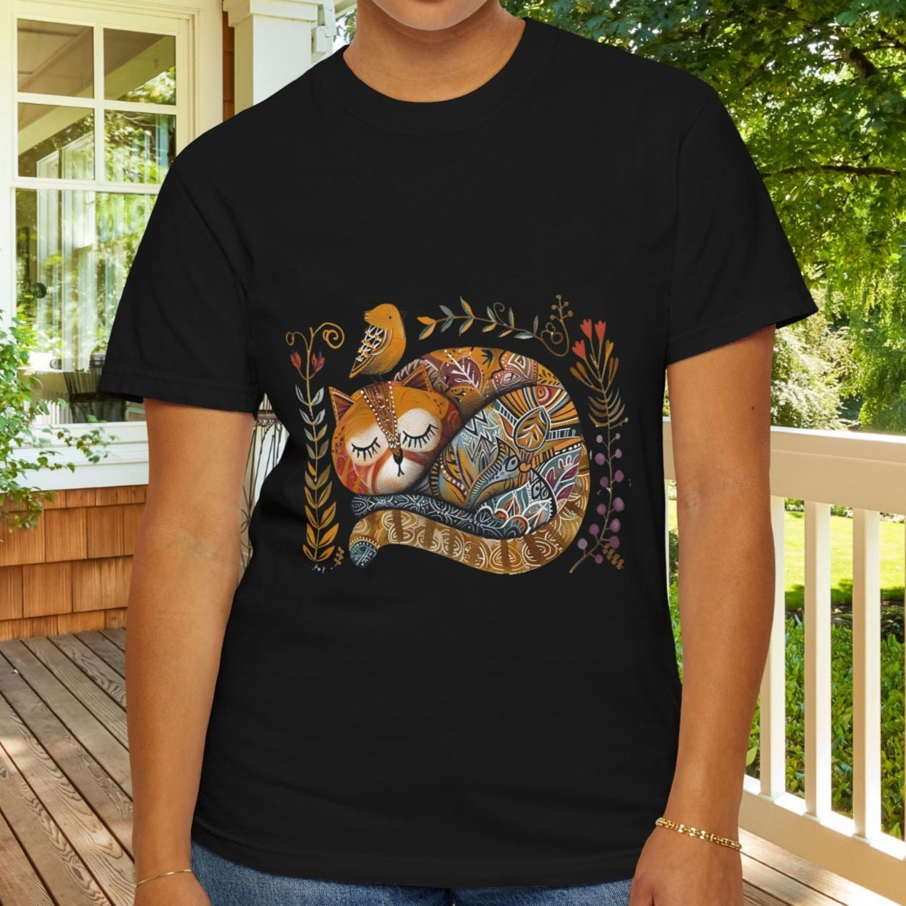 Scandinavian Folk Art Cat & Bird T-Shirt - Comfort Colors Tee, Soft Comfy Shirt for Cat Lover - FlooredByArt