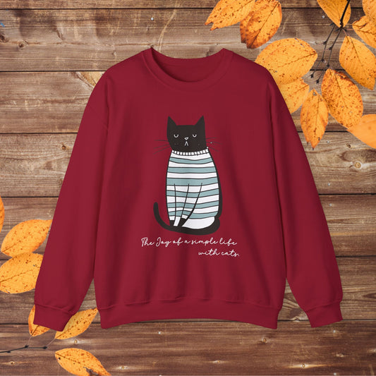 Simple Life Black Cat Sweatshirt, The Joy of a Simple Life with Cats, Be Happy Shirt, Inspirational - FlooredByArt