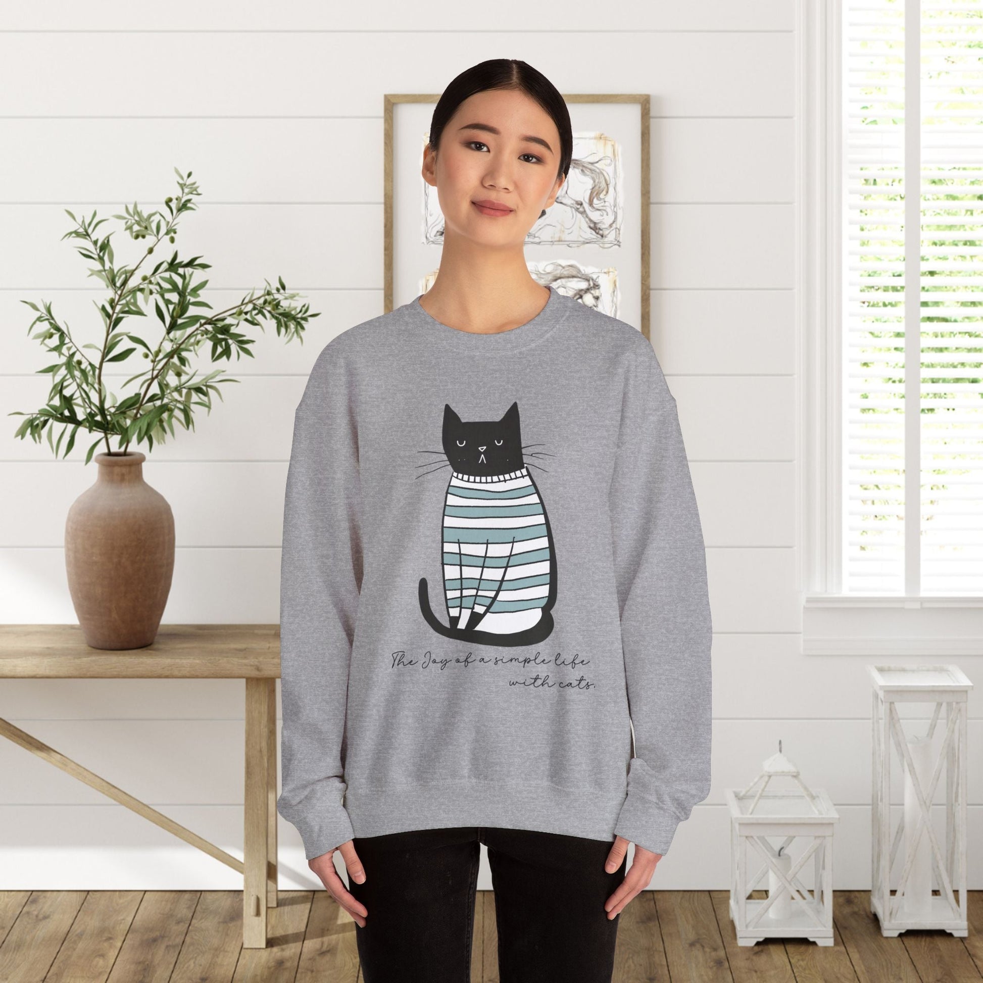 Simple Life Black Cat Sweatshirt, The Joy of a Simple Life with Cats, Be Happy Shirt, Inspirational - FlooredByArt