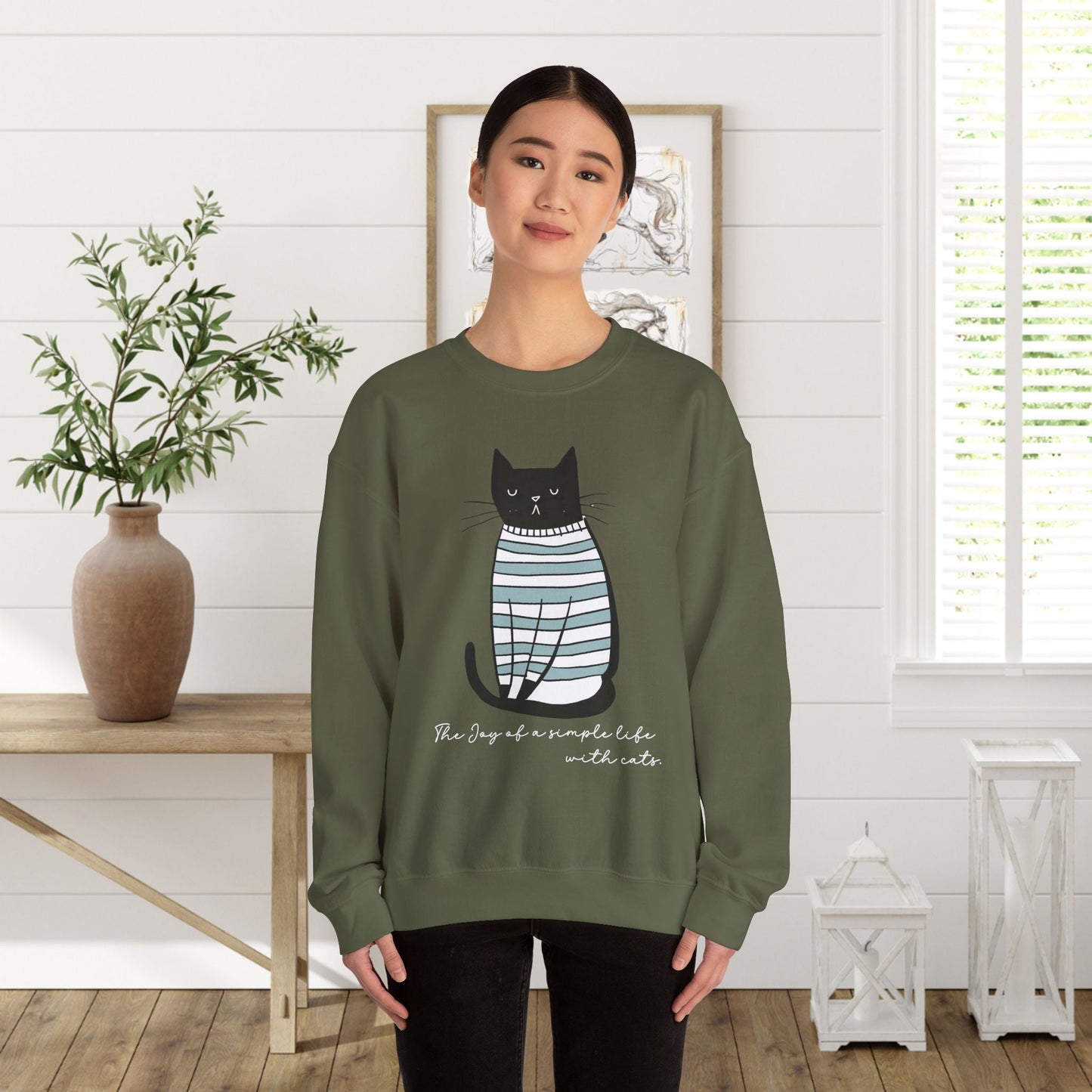 Simple Life Black Cat Sweatshirt, The Joy of a Simple Life with Cats, Be Happy Shirt, Inspirational - FlooredByArt