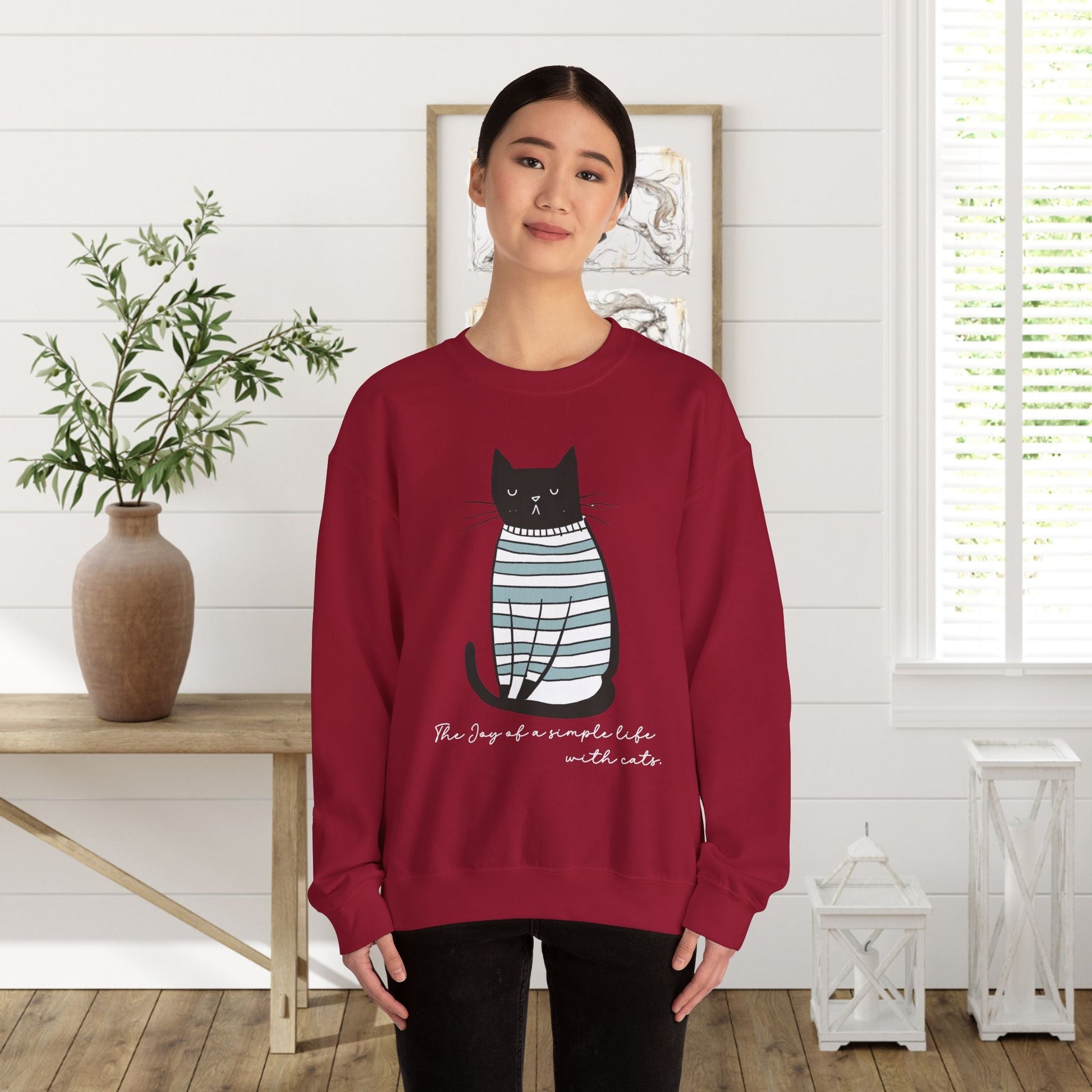 Simple Life Black Cat Sweatshirt, The Joy of a Simple Life with Cats, Be Happy Shirt, Inspirational - FlooredByArt