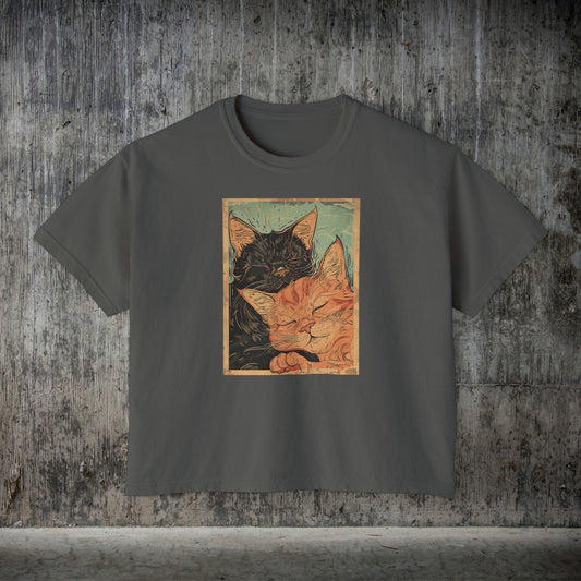 Sleeping Cat Vintage Poster Crop T-shirt, Black Cat Tabby Cat Shirt, Crop Tee - FlooredByArt