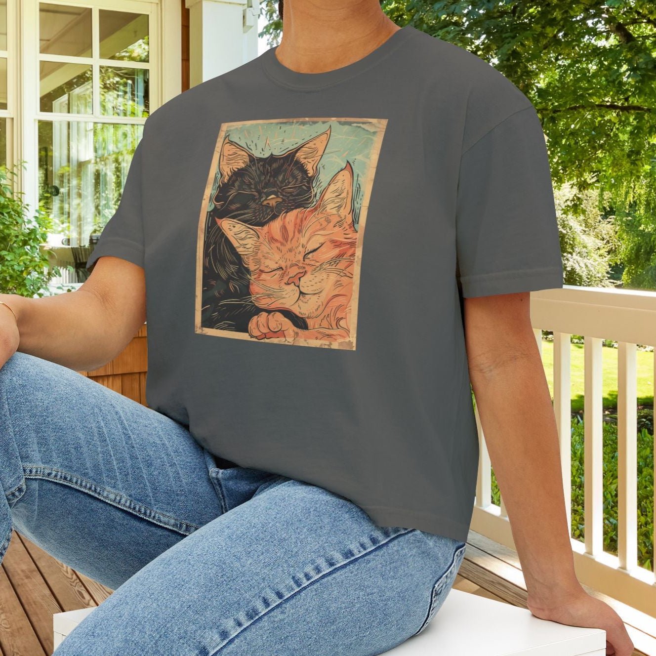 Sleeping Cats Crop Top T-Shirt – Vintage Deco Cat Art on Comfort Colors Tee for Cat Lovers - FlooredByArt