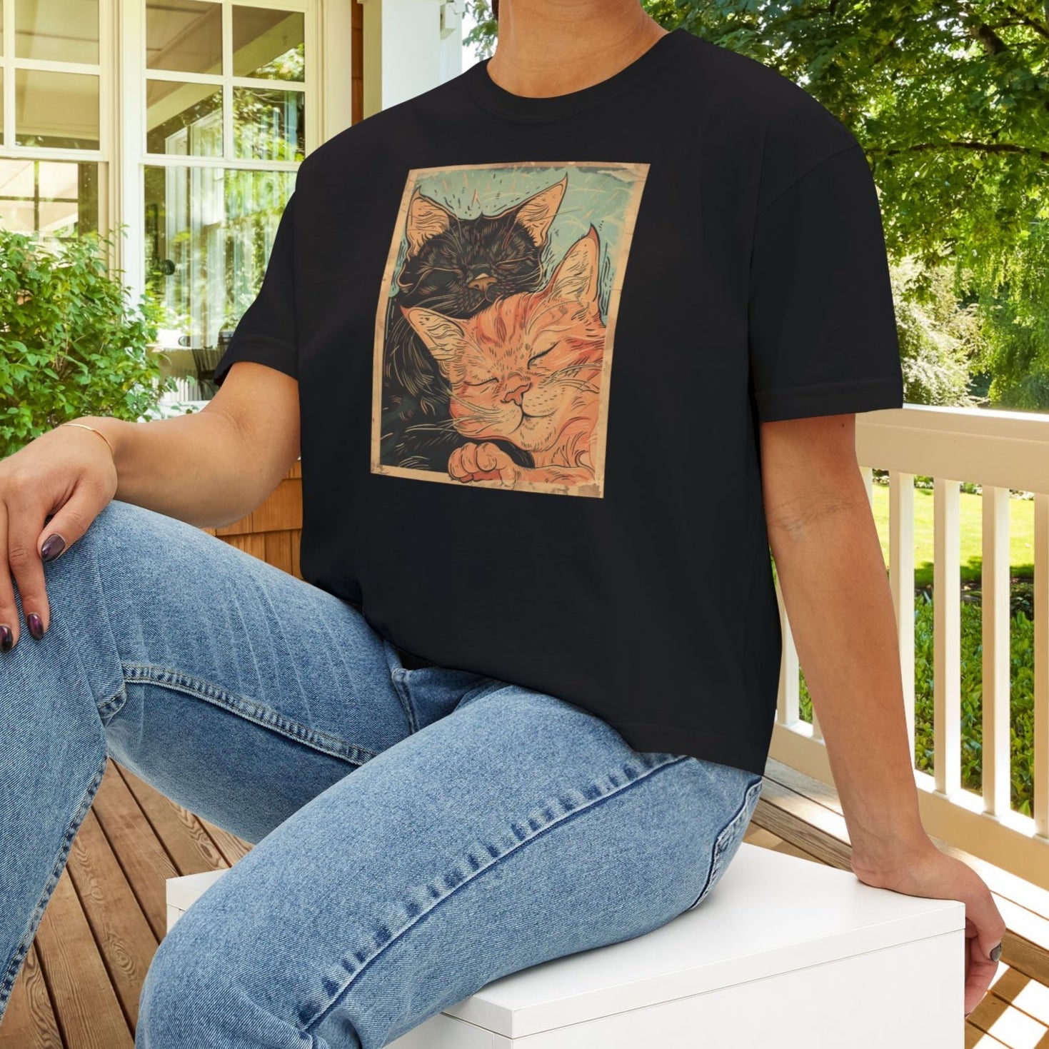 Sleeping Cats Crop Top T-Shirt – Vintage Deco Cat Art on Comfort Colors Tee for Cat Lovers - FlooredByArt