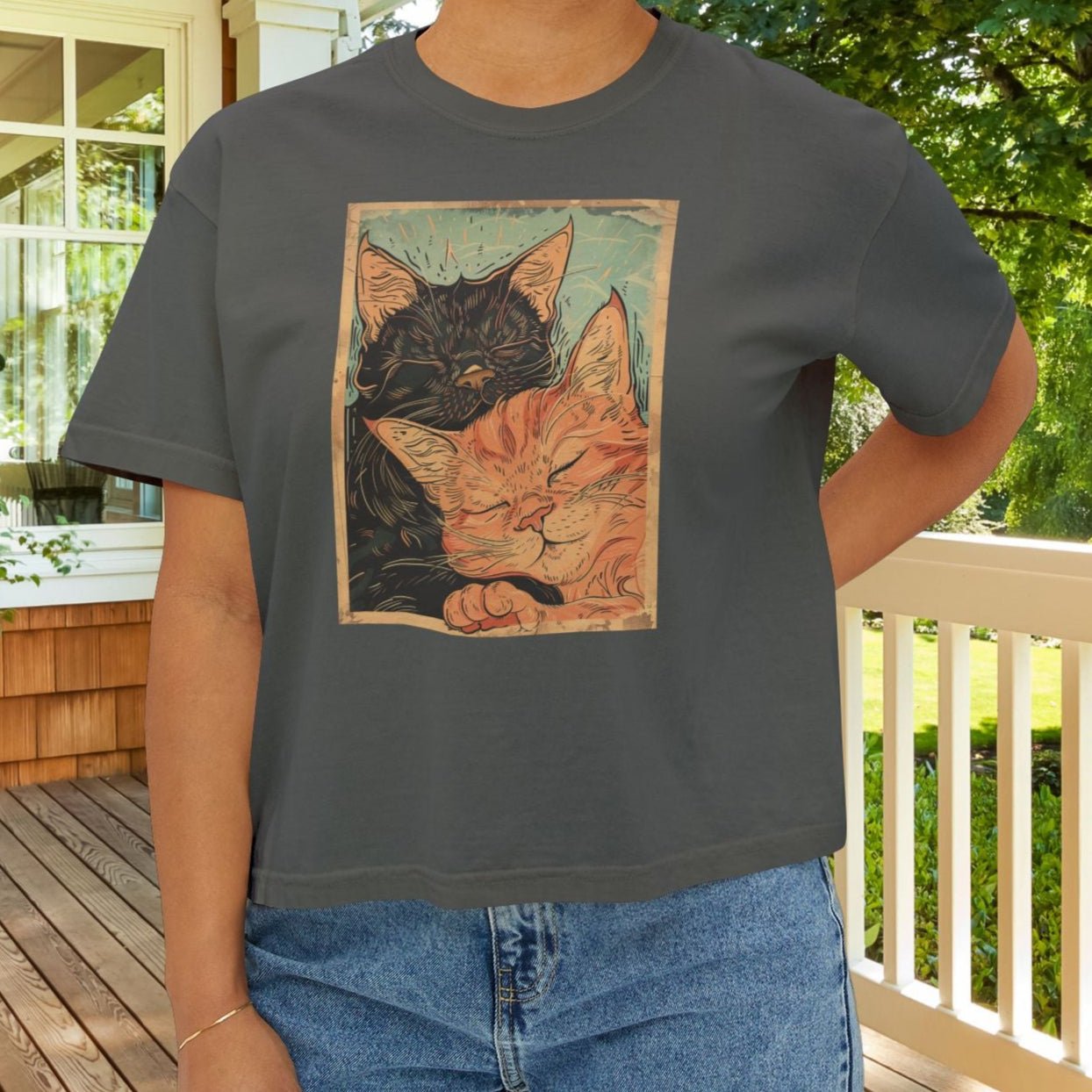Sleeping Cats Crop Top T-Shirt – Vintage Deco Cat Art on Comfort Colors Tee for Cat Lovers - FlooredByArt
