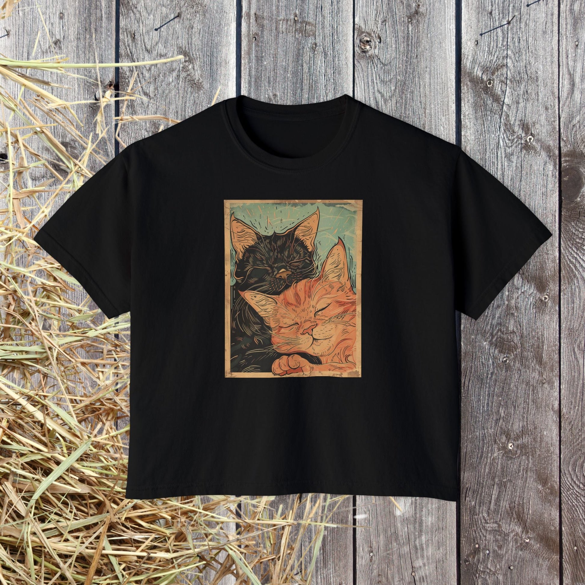 Sleeping Cats Crop Top T-Shirt – Vintage Deco Cat Art on Comfort Colors Tee for Cat Lovers - FlooredByArt