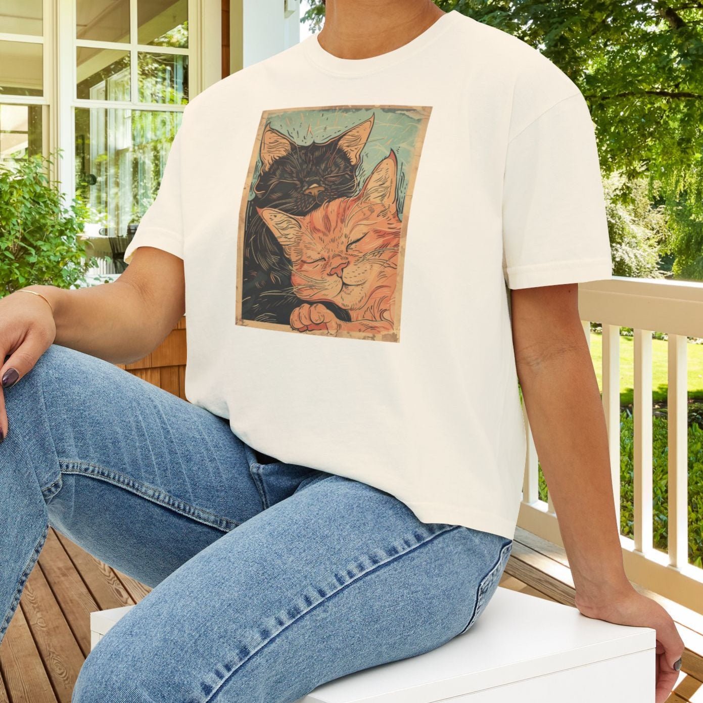 Sleeping Cats Crop Top T-Shirt – Vintage Deco Cat Art on Comfort Colors Tee for Cat Lovers - FlooredByArt