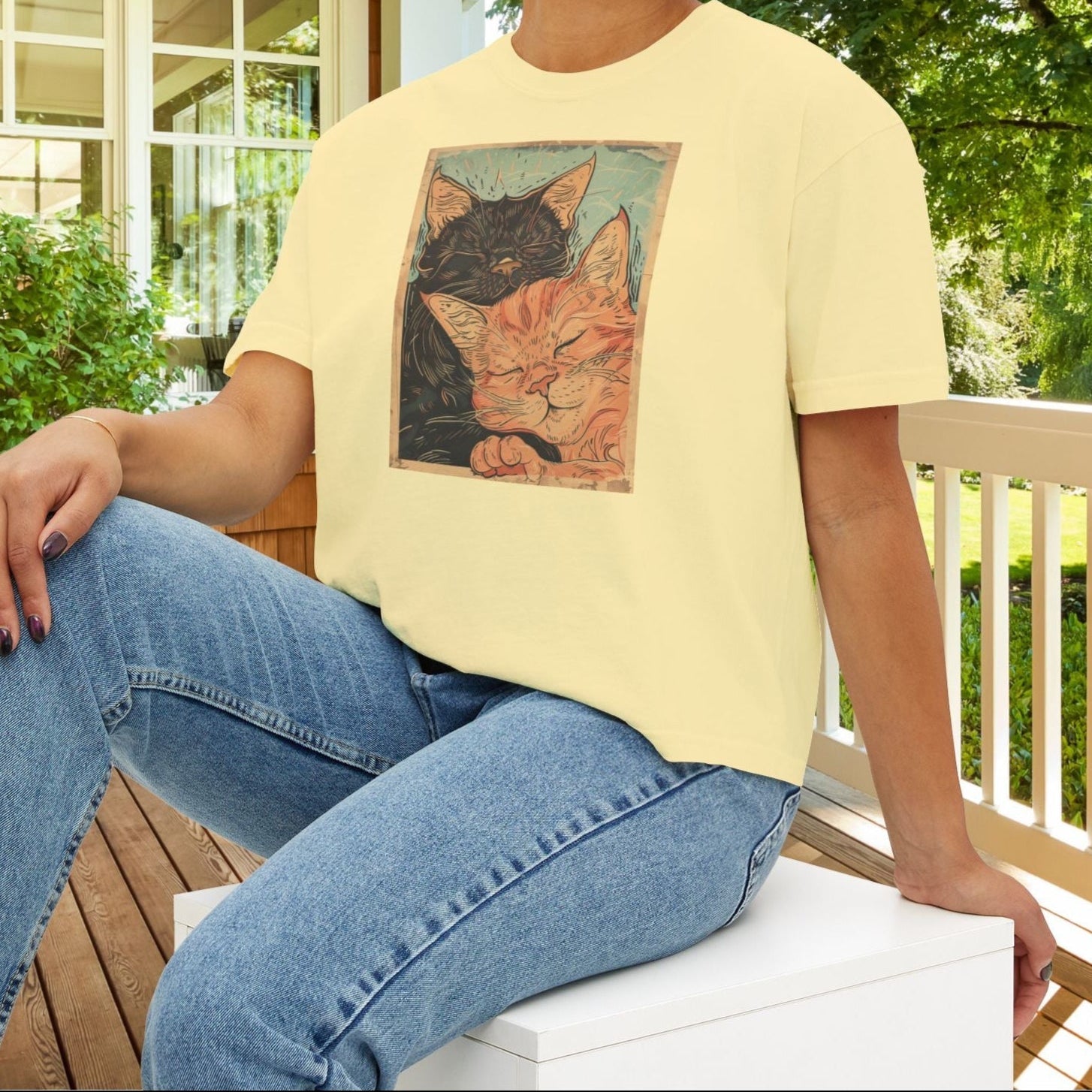 Sleeping Cats Crop Top T-Shirt – Vintage Deco Cat Art on Comfort Colors Tee for Cat Lovers - FlooredByArt