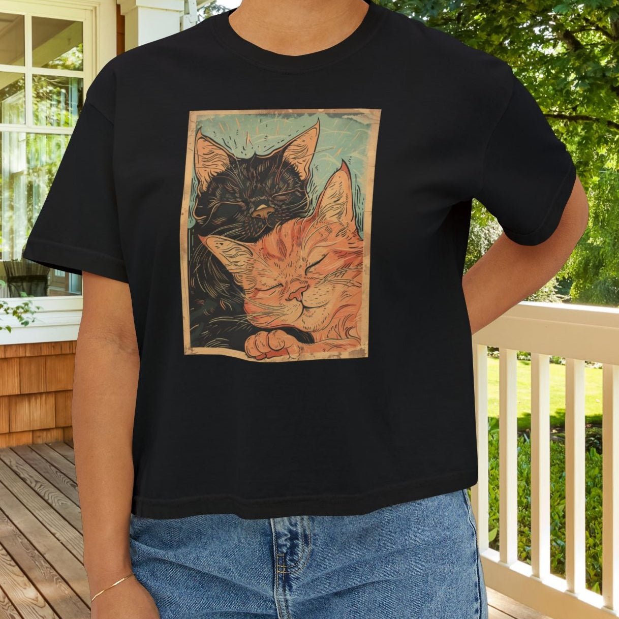 Sleeping Cats Crop Top T-Shirt – Vintage Deco Cat Art on Comfort Colors Tee for Cat Lovers - FlooredByArt
