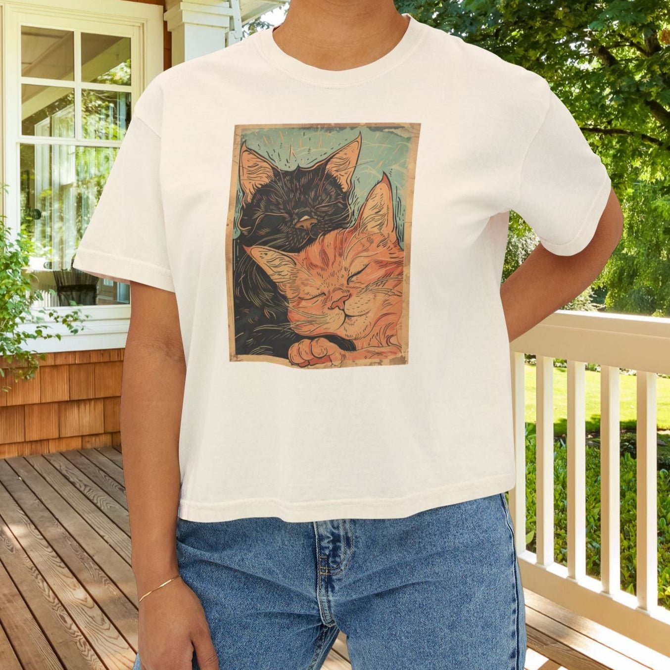 Sleeping Cats Crop Top T-Shirt – Vintage Deco Cat Art on Comfort Colors Tee for Cat Lovers - FlooredByArt